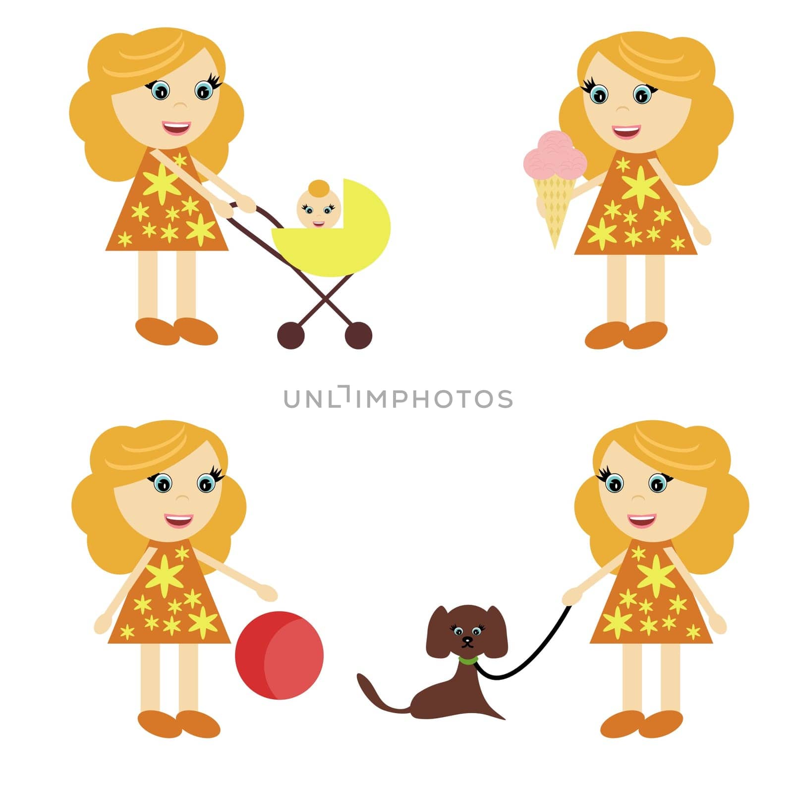 four girls on walk on white background
