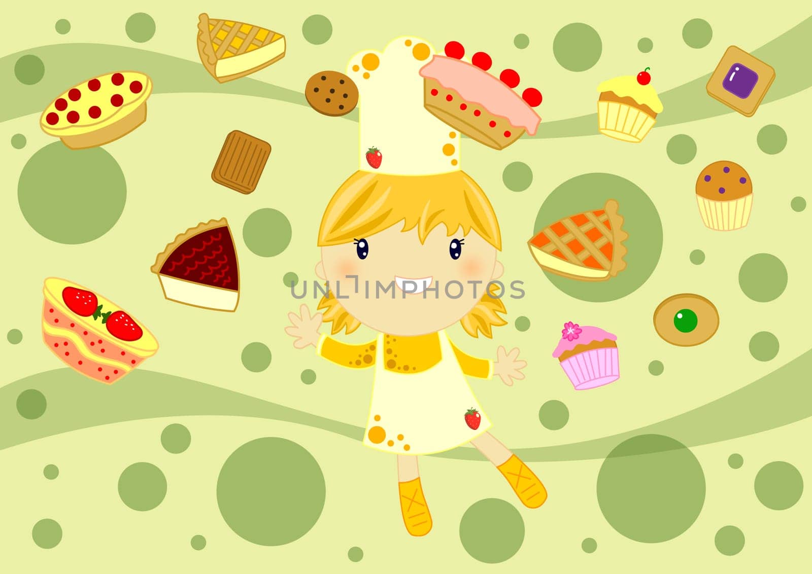 illustration of a little girl wearing chef outfit, on abstract green background surrounded by cakes, cookies, biscuts, muffin and cupcakes
