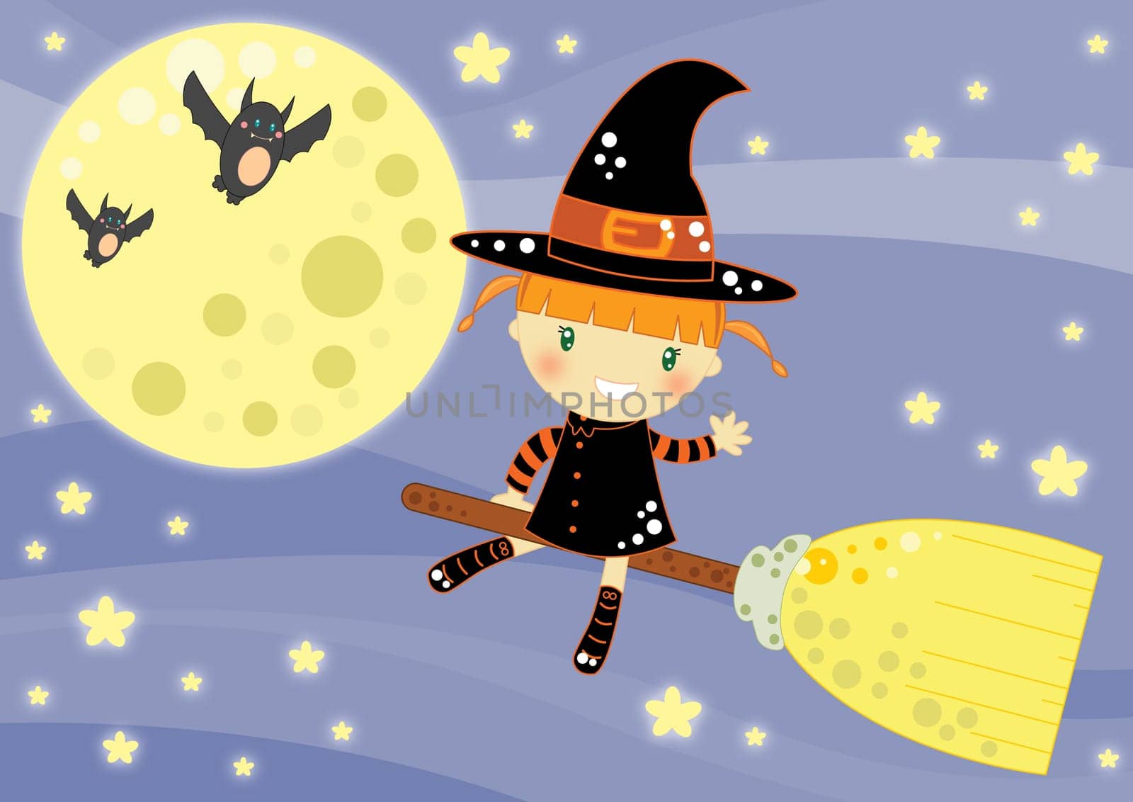 Illustrated Halloween card with a cute smiling witch flying up to the moon with her  broom on a blue sky