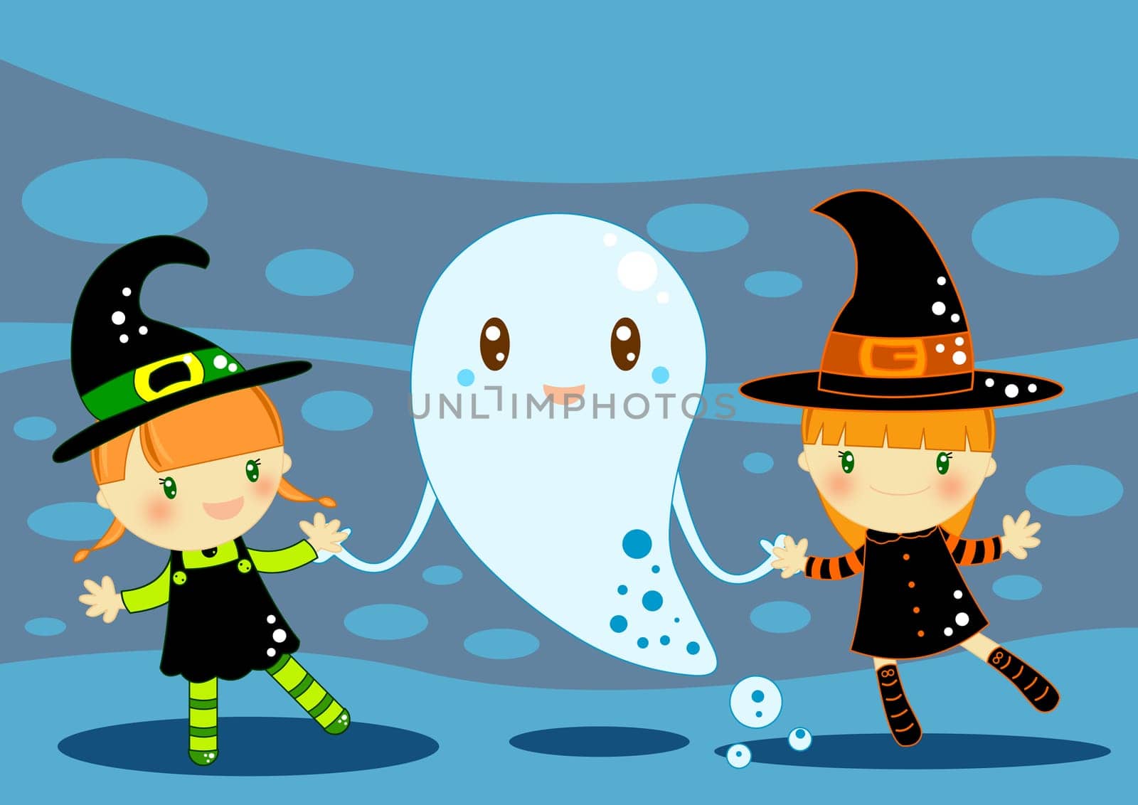 Illustrated Halloween card with a two cute smiling witches and a funny ghost