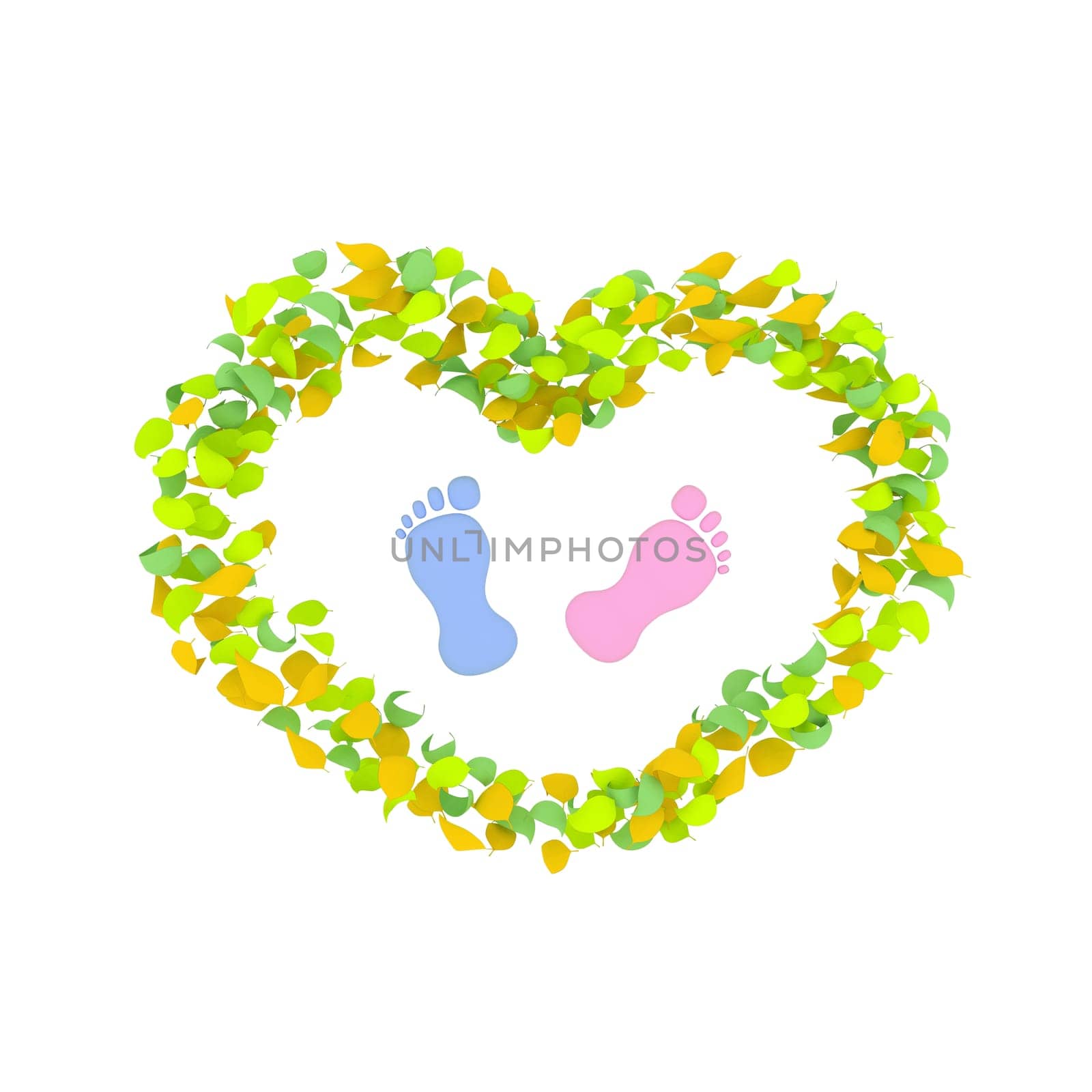 Boy or Girl concept made of spring leaves Heart with children footprints in the center    over white background. High quality render.