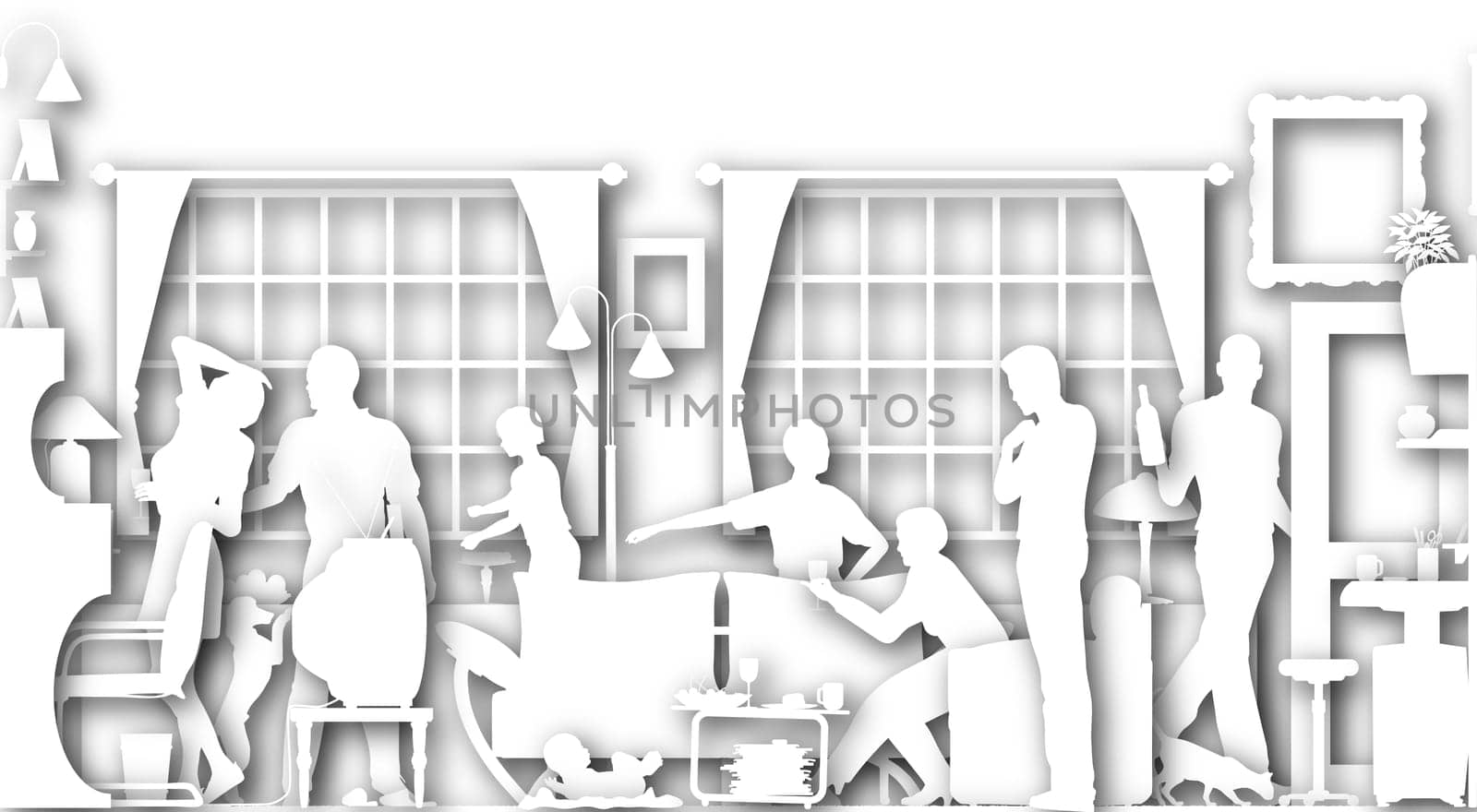 Illustrated cutouts of a family gathering in a living room with drop shadows