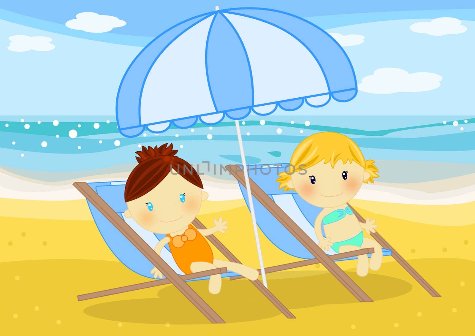 Summer time digital illustration with children having fun at seaside