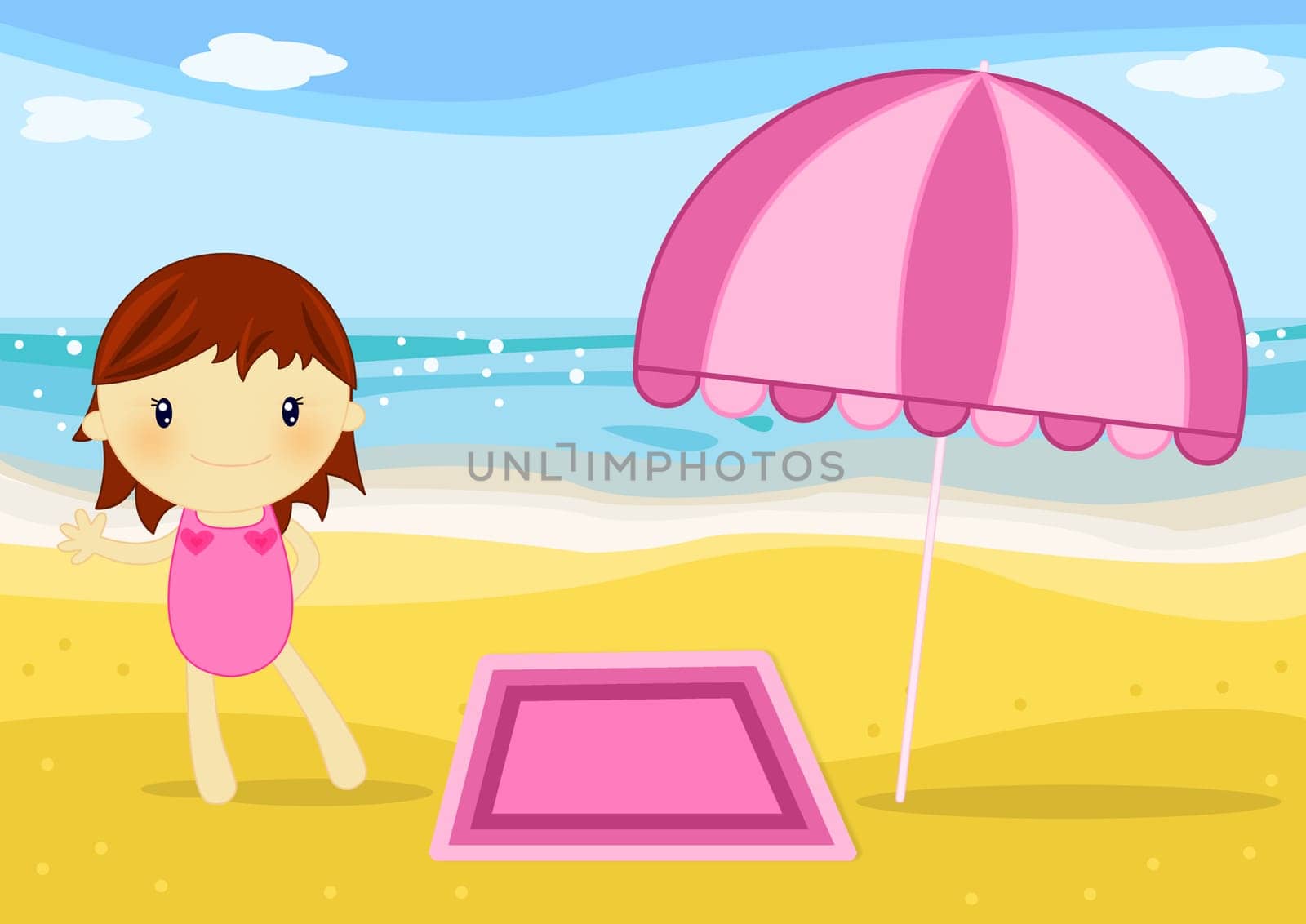 Summer time digital illustration with children having fun at seaside