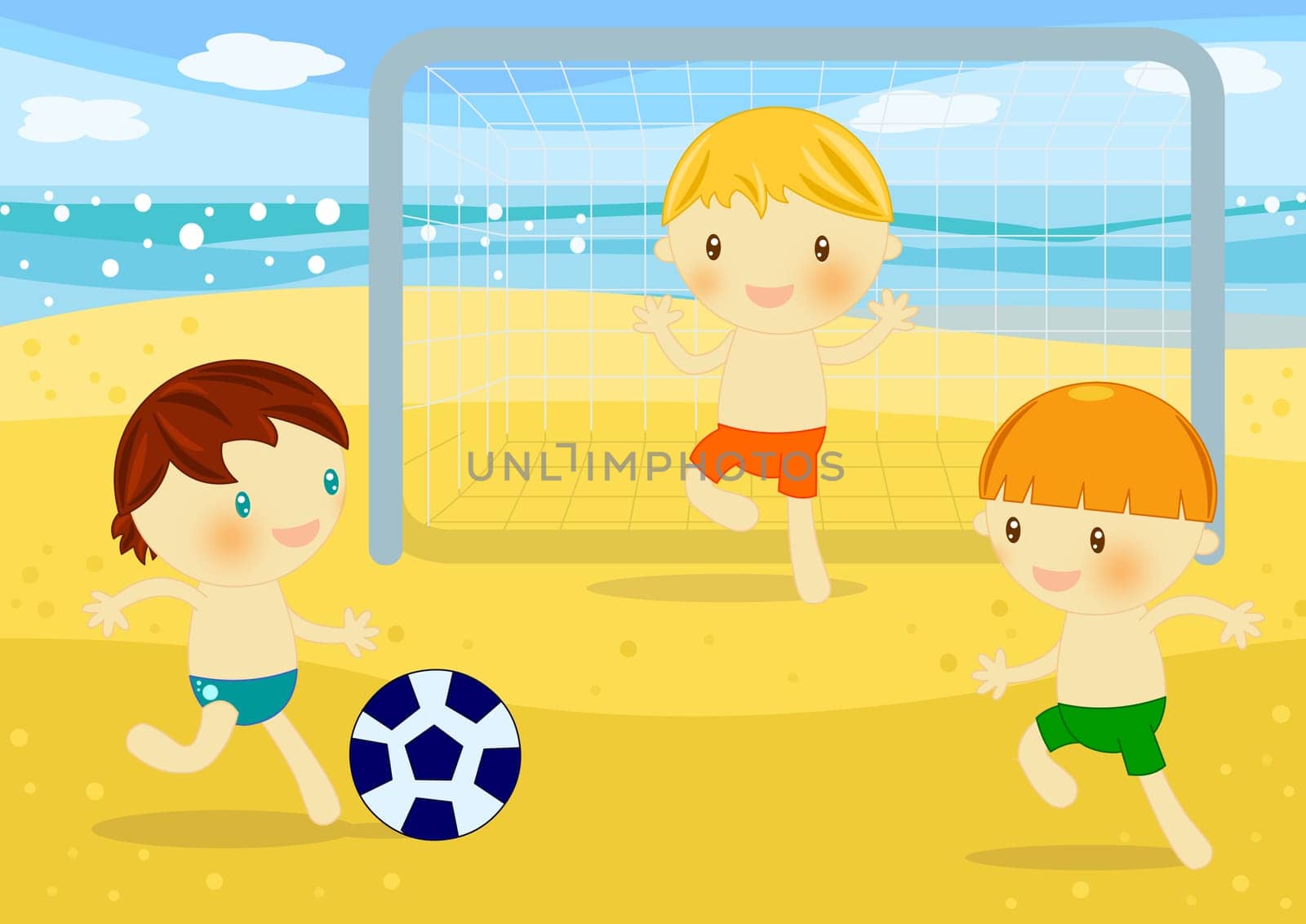 Summer time digital illustration with children having fun at seaside
