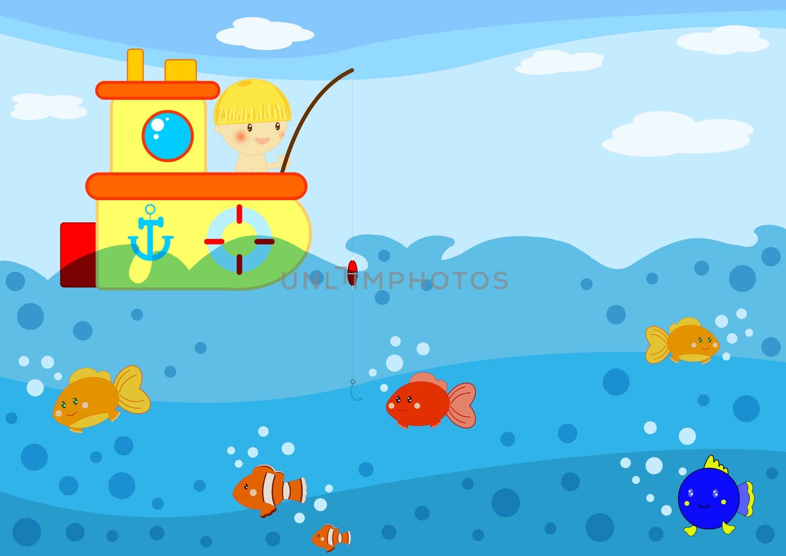 Summer time digital illustration with children having fun at seaside