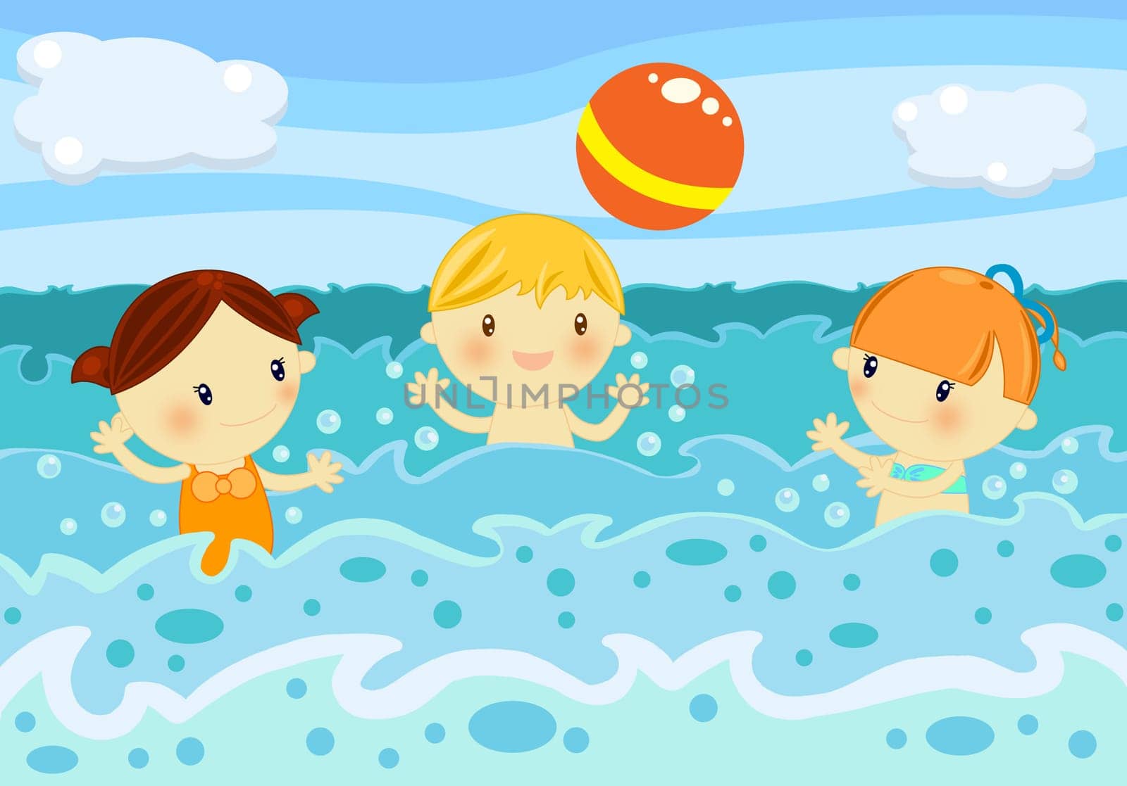 Summer time digital illustration with children having fun at seaside