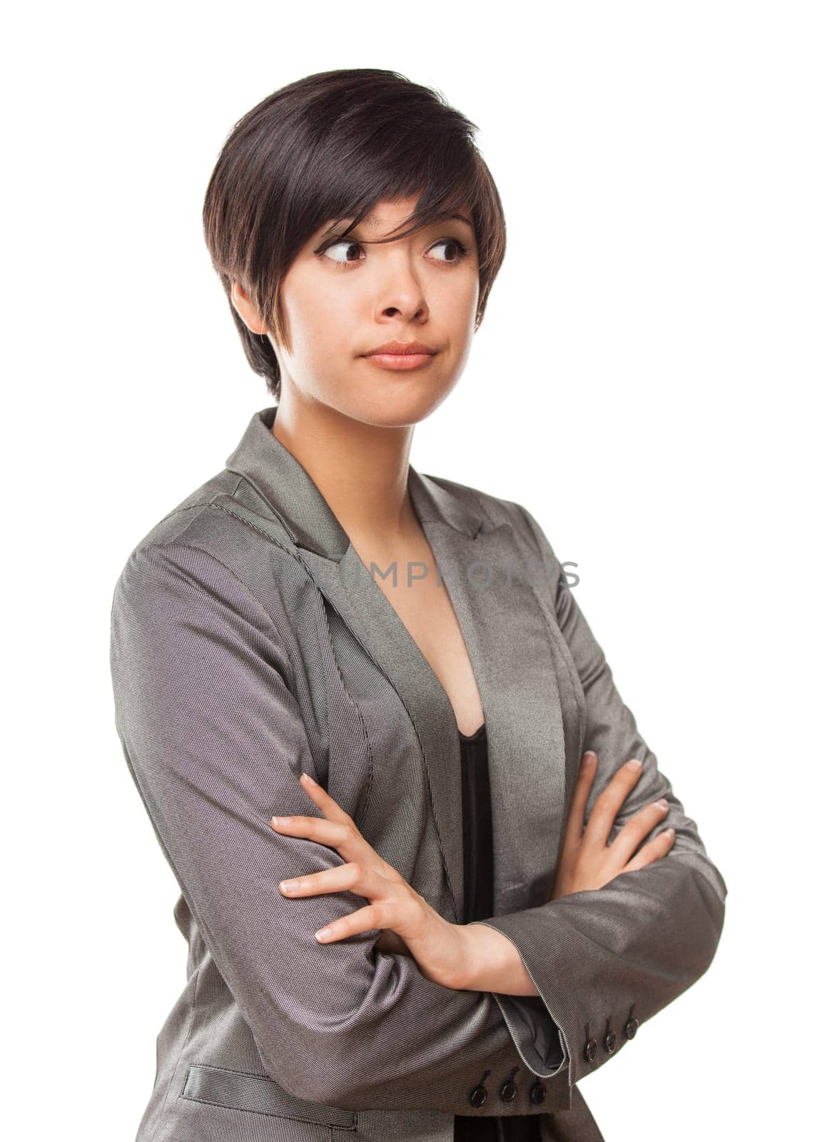 Pretty Biracial Girl Looking To The Side Isolated Against White Background.