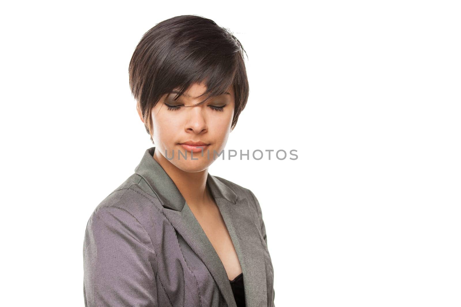 Pretty Biracial Girl With Eyes Closed Isolated Against White Background.