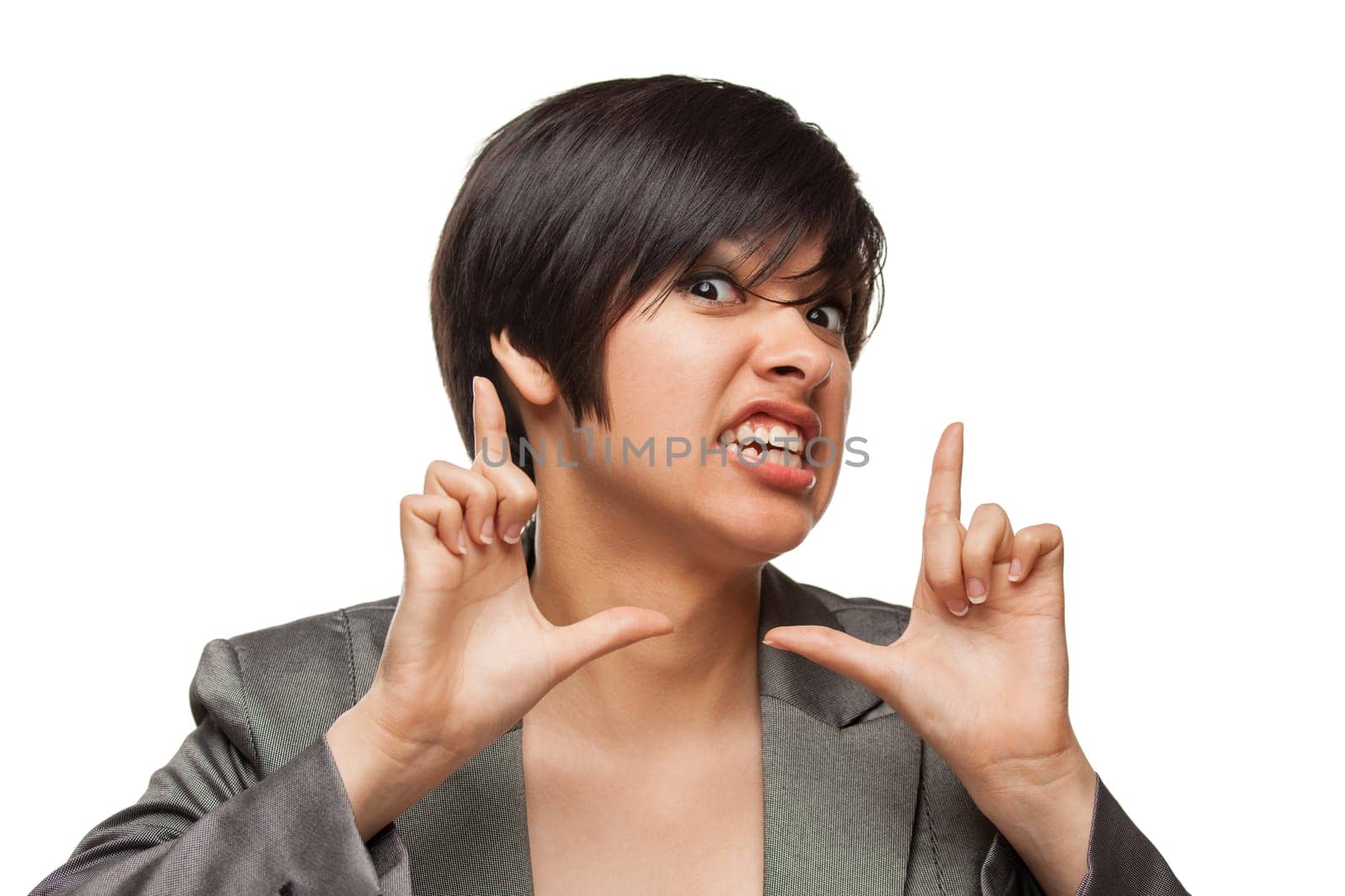 Goofy Biracial Girl Framing Her Face with Her Hands Isolated Against White Background.