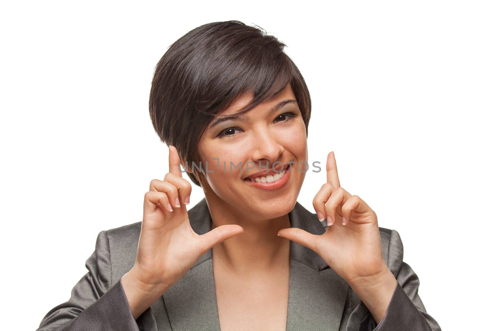 Pretty Biracial Girl Framing Her Face with Her Hands Isolated Against White Background.