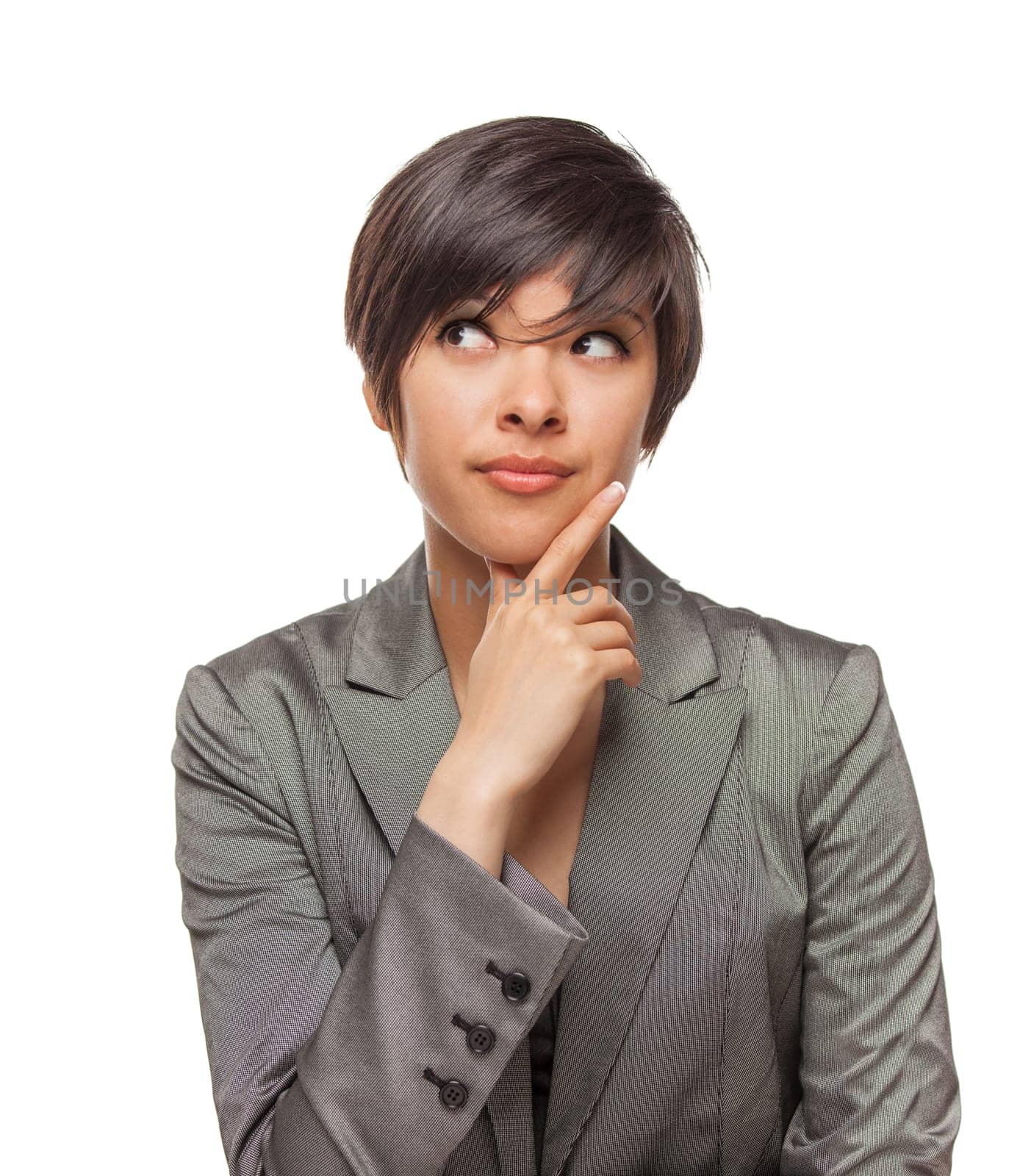 Pretty Biracial Girl Looking To The Side Isolated Against White Background.