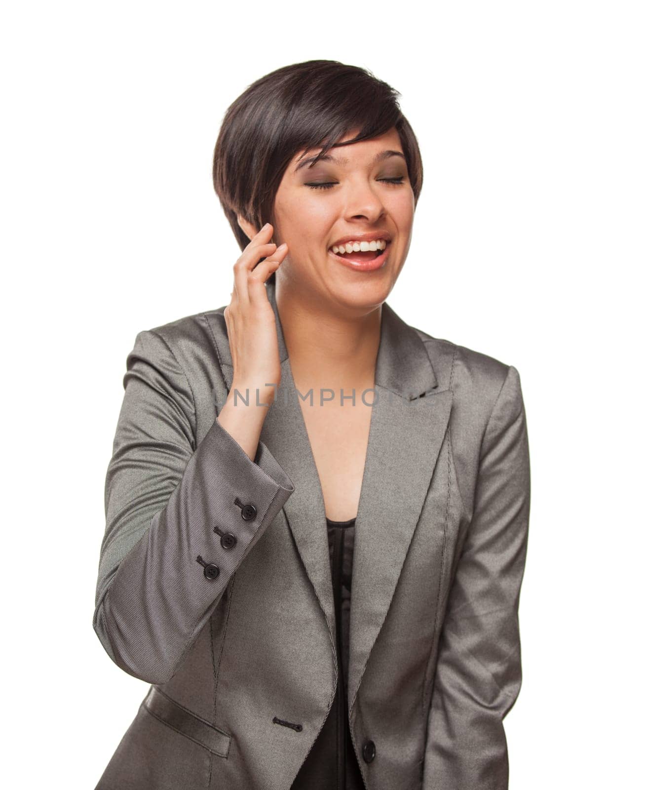 Pretty Biracial Girl Laughing Isolated Against White Background.