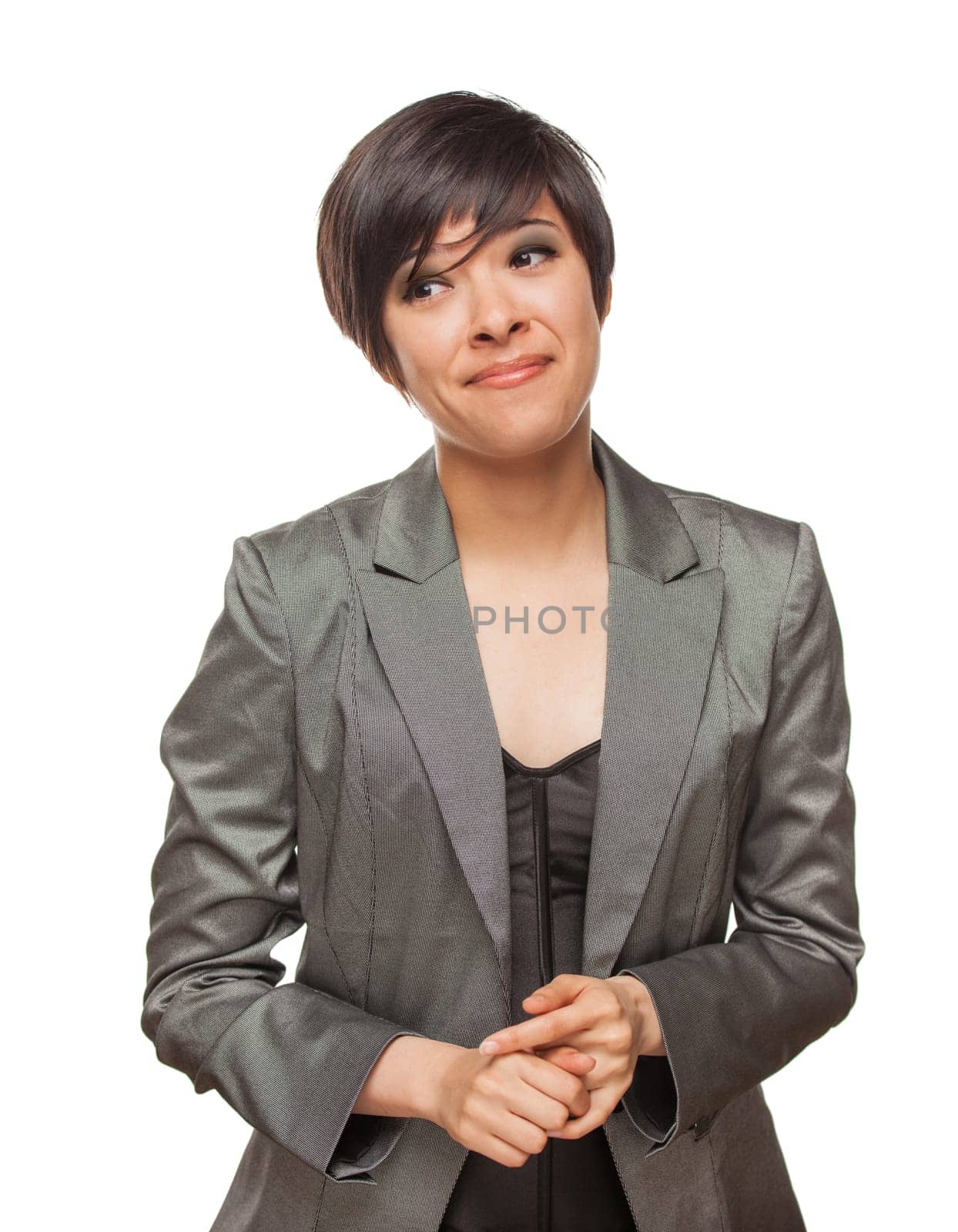 Pretty Biracial Girl Looking To The Side Isolated Against White Background.