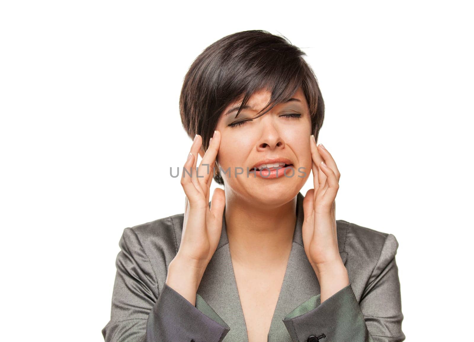 Grimacing Biracial Girl Holding Her Head with Her Hands Isolated Against White Background.