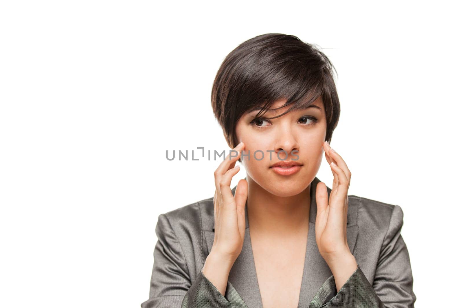 Pretty Biracial Girl Looking To The Side Isolated Against White Background.