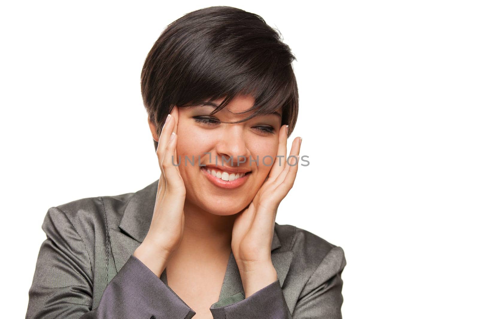 Pretty Biracial Girl Framing Her Face with Her Hands Isolated Against White Background.