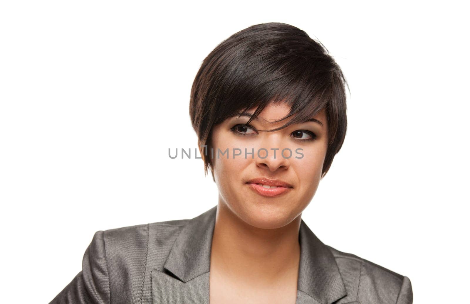 Pretty Biracial Girl Looking To The Side Isolated Against White Background.