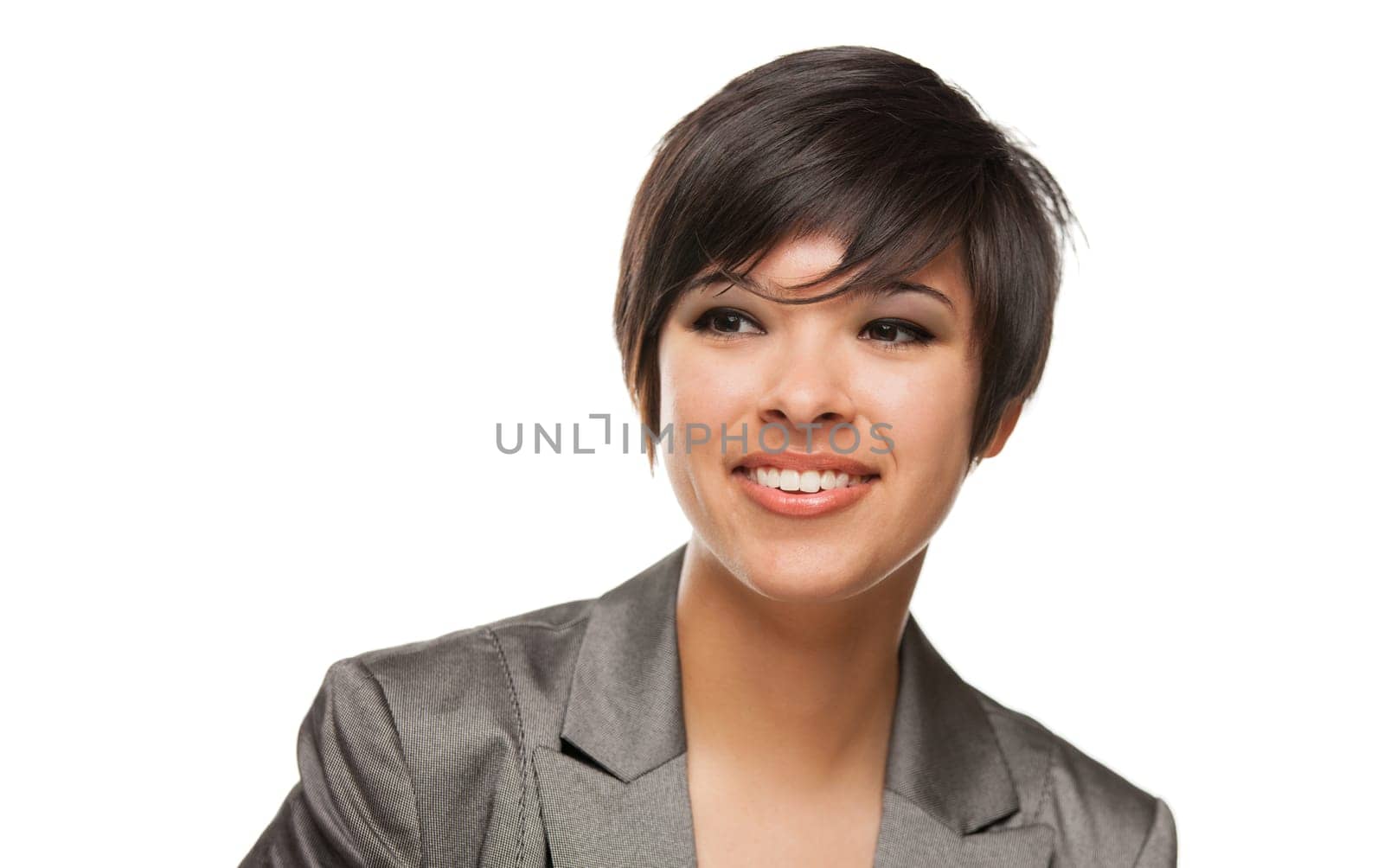 Pretty Biracial Girl Looking To The Side Isolated Against White Background.