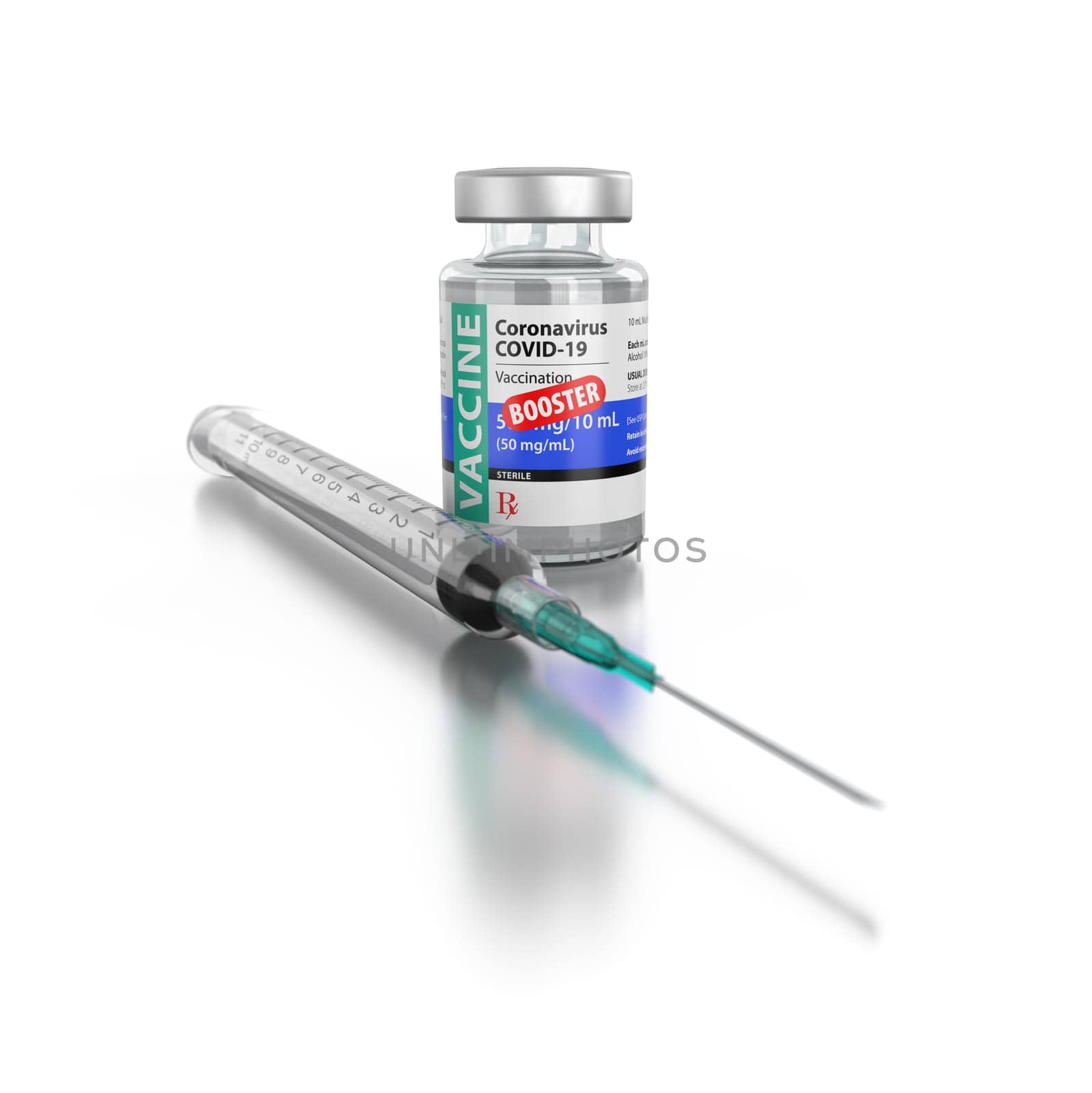 Coronavirus COVID-19 Vaccine Booster Vial and Syringe On Reflective White Background.