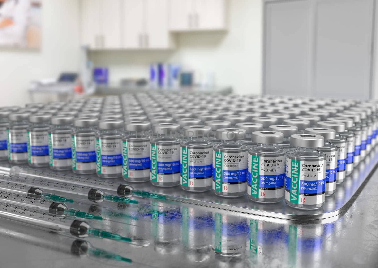 Hundreds of Coronavirus COVID-19 Vaccine Vials and Syringes In Medical Office.