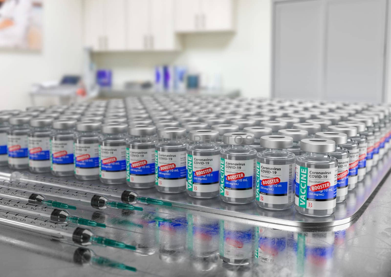Hundreds of Coronavirus COVID-19 Vaccine Booster Vials and Syringes In Medical Office.
