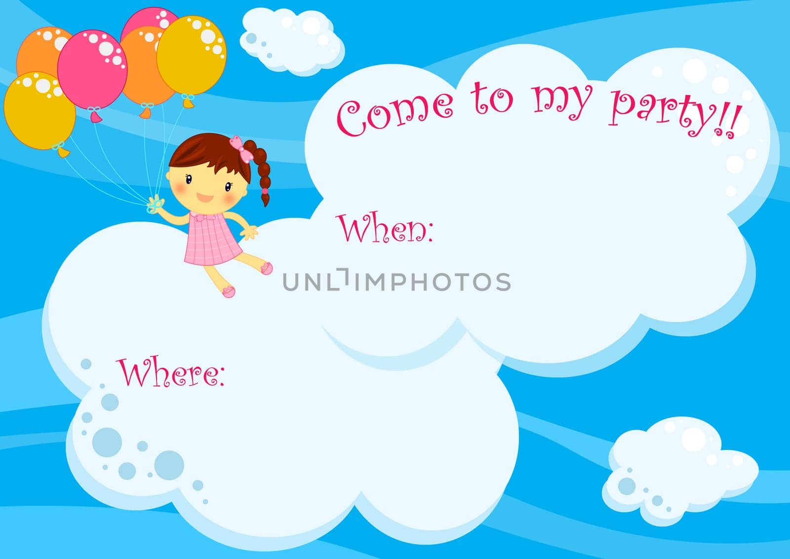 Illustration about a cute little happy girl flying with coloured balloons among the clouds up in the blue sky
