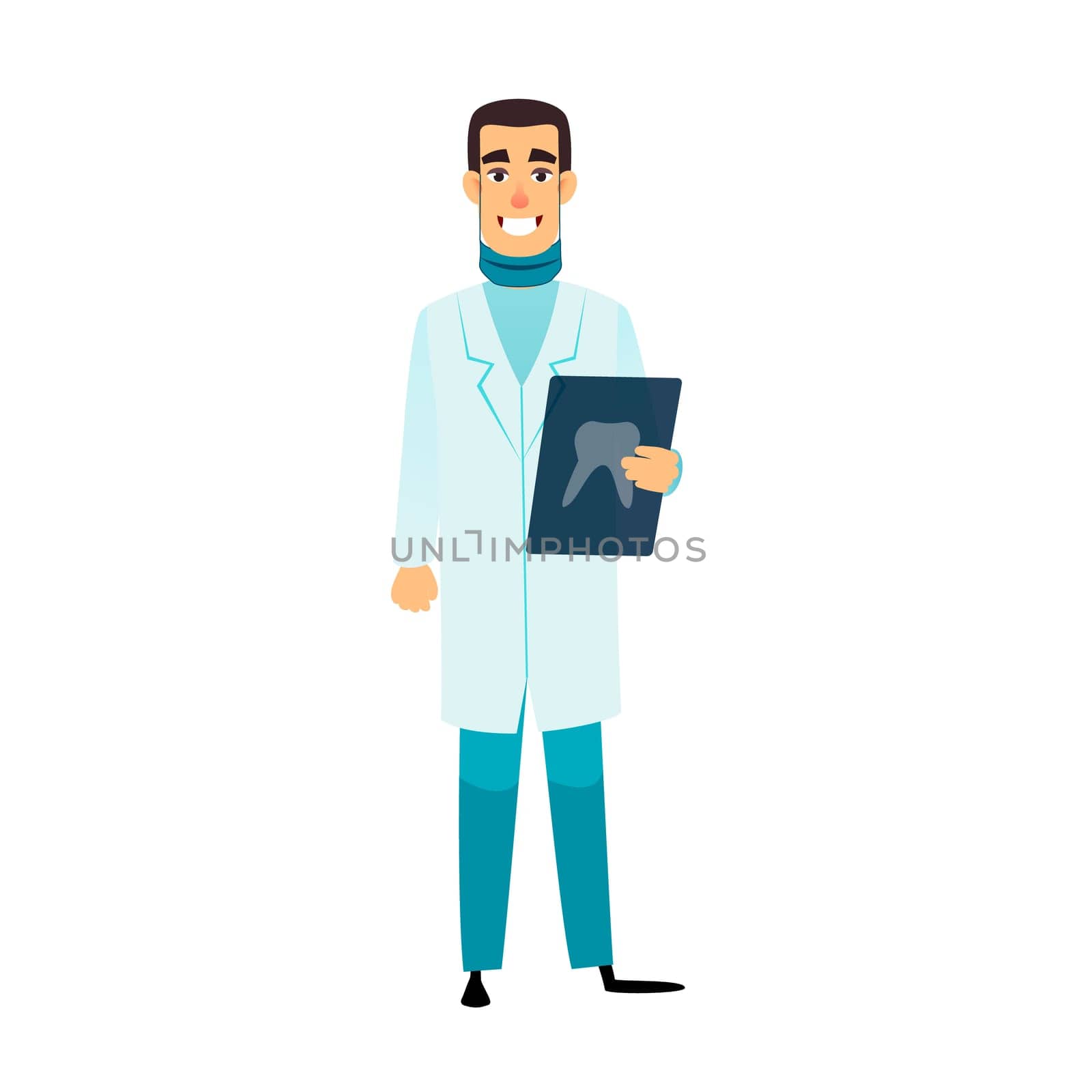 Dentist flat cartoon character. Stomatologist is holding an x-ray of the tooth. Doctor with radiograph. Dentist vector healthcare, profession, stomatology and medicine concept