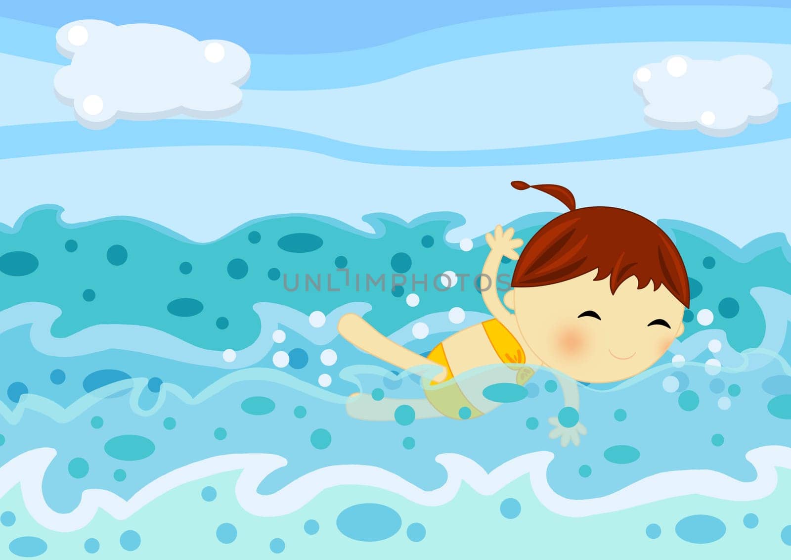 Digital ilustration of a cute smiling girl swimming in the ocean waves