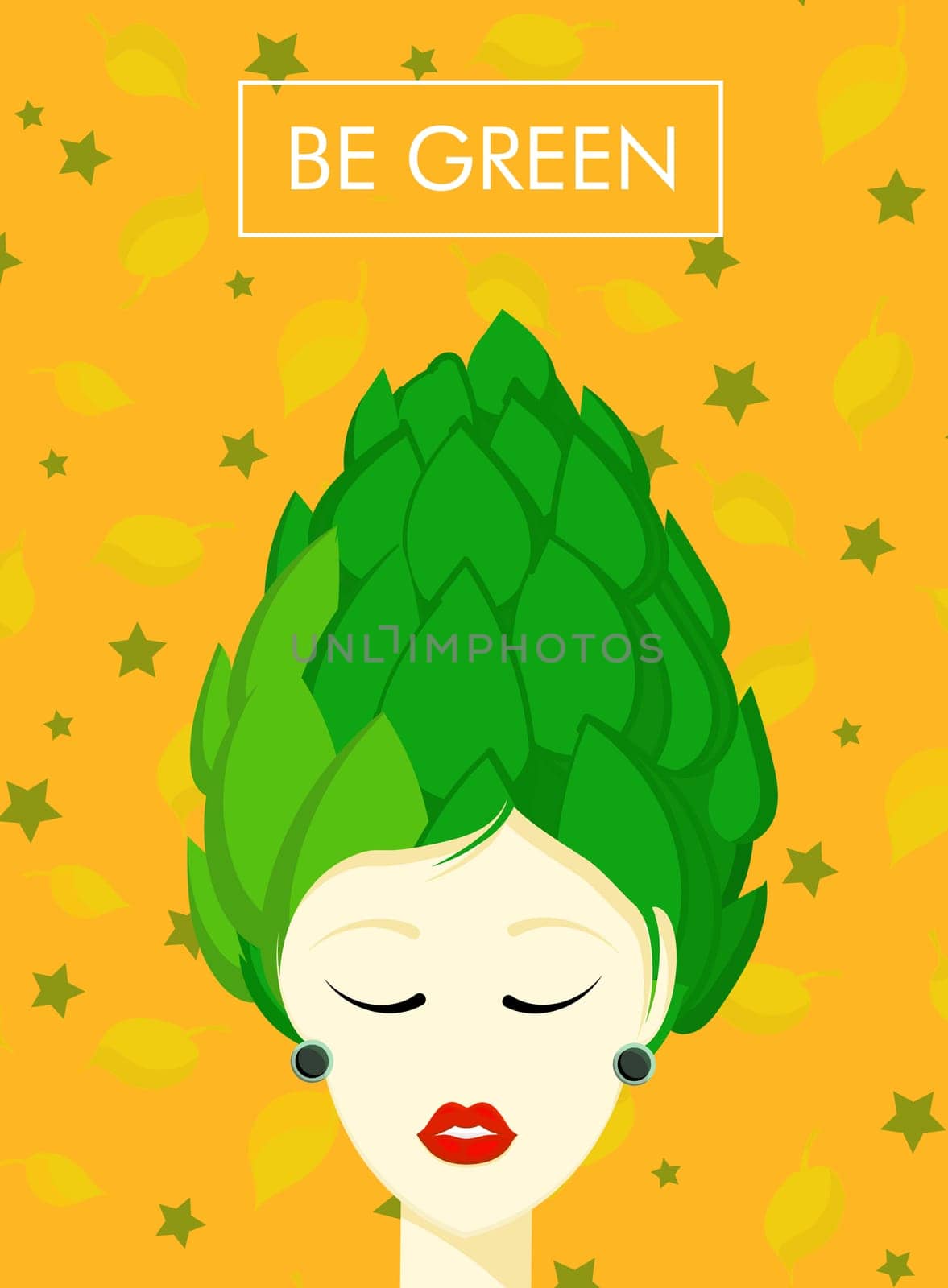 Modern trendy banner on the theme of vegetarianism. World Vegan Day. HEALTHY FOOD. Woman with artichoke.