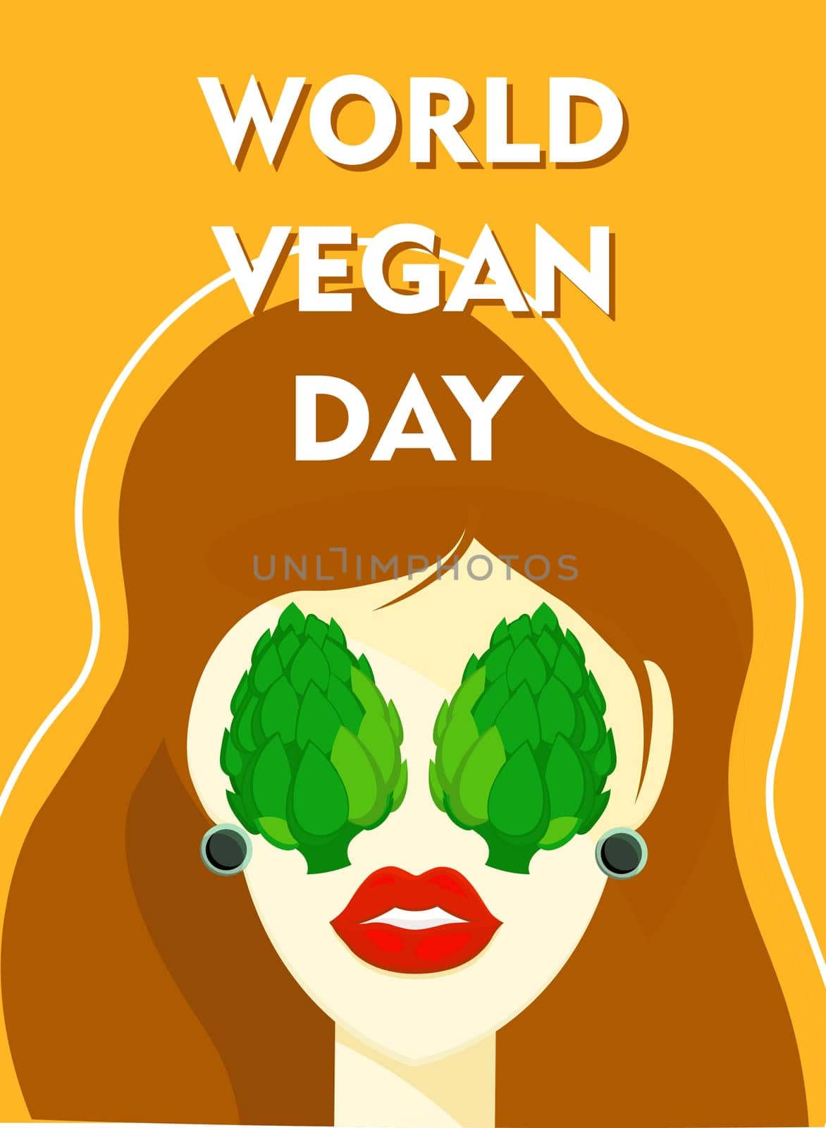 Flat vector illustration of a vegan poster with a cheerful woman for World Vegan Day. World Vegetarian Day for social media post, postcard, banner, greeting card.