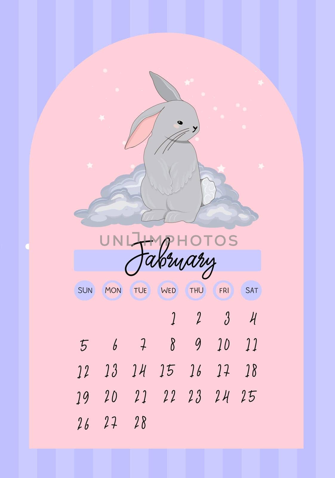 February 2023 calendar. Year of the rabbit. The symbol of the year. VNRTICAL CALENDAR WITH A BUNNY.