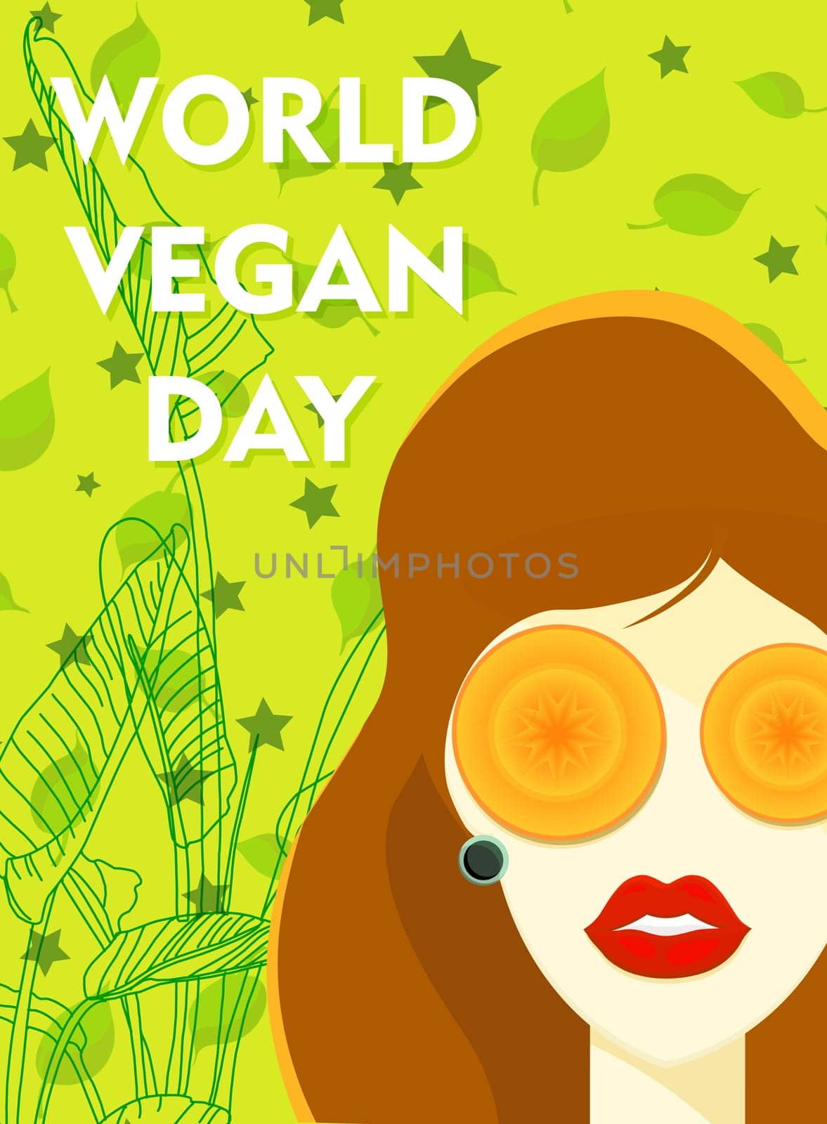 Modern trendy banner on the theme of vegetarianism. World Vegan Day. HEALTHY FOOD. Woman with a carrot.