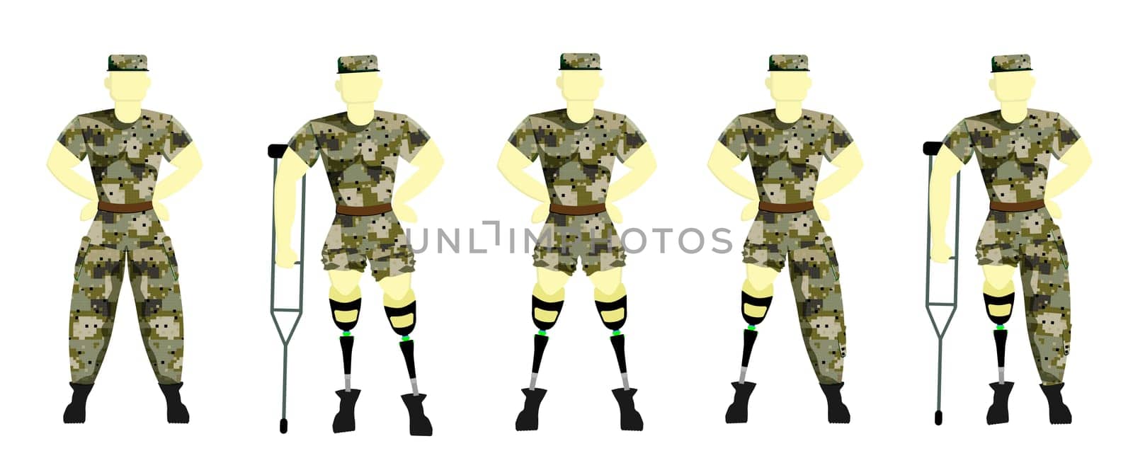 soldier on a prosthesis in military uniform. Disabled person with a prosthesis. Prosthetics. Vector illustration of a serviceman