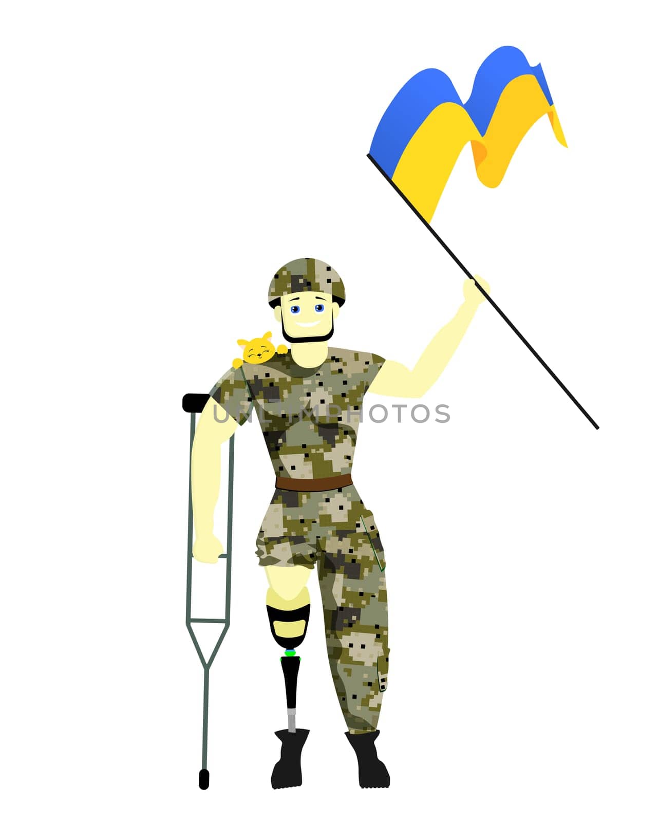 Ukrainian soldier with a yellow-blue flag. A soldier with a prosthetic leg. War in Ukraine.