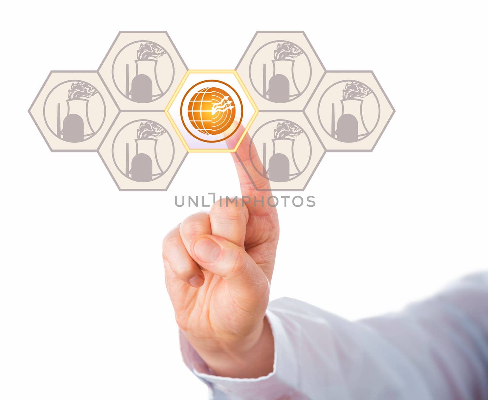 Geothermal energy icon activated among nuclear power buttons in a touch screen. Metaphor for energy turn in electric power supply and a nuclear power phase out. Cutout isolated on white background.