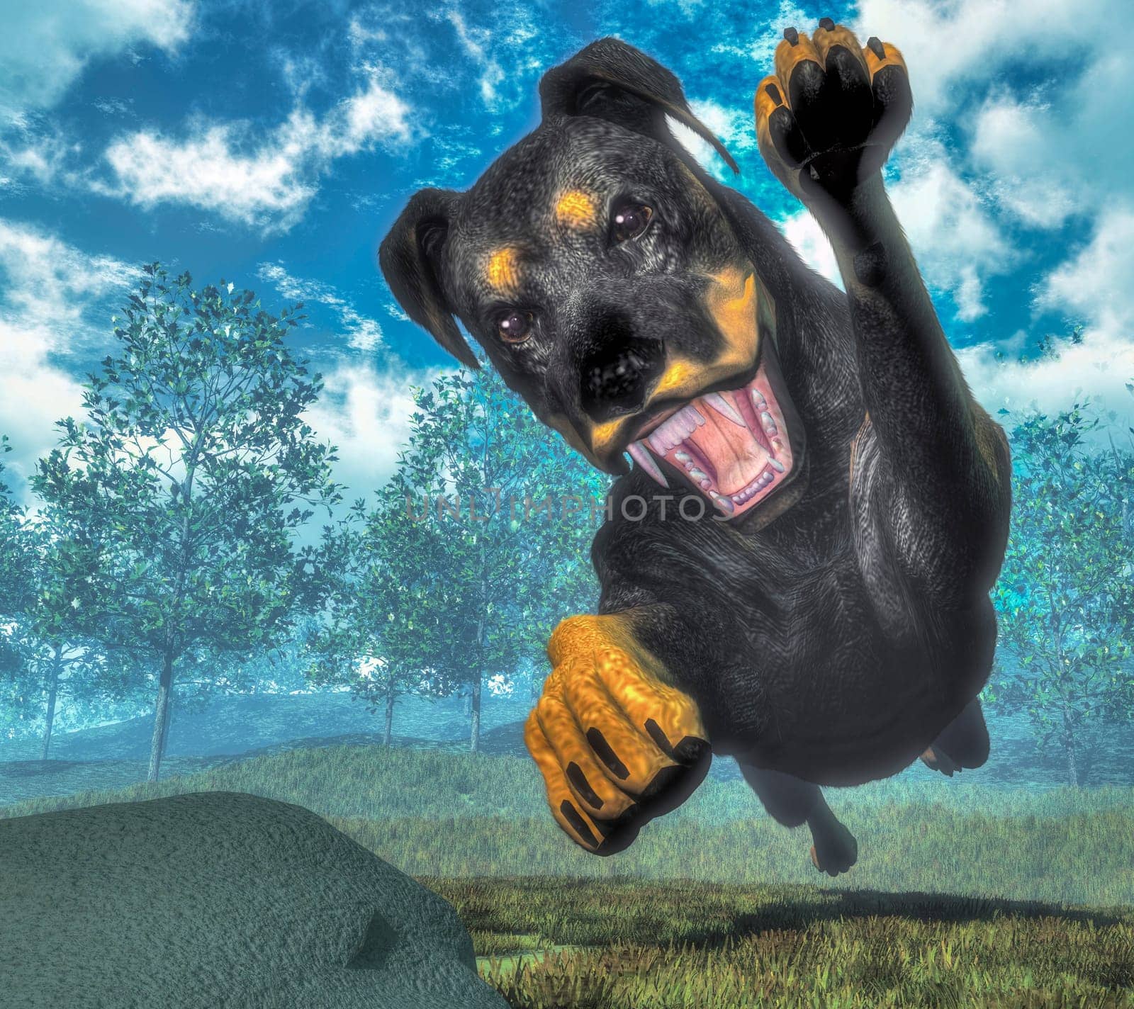 Rottweiller dog runnning in the nature - 3D render