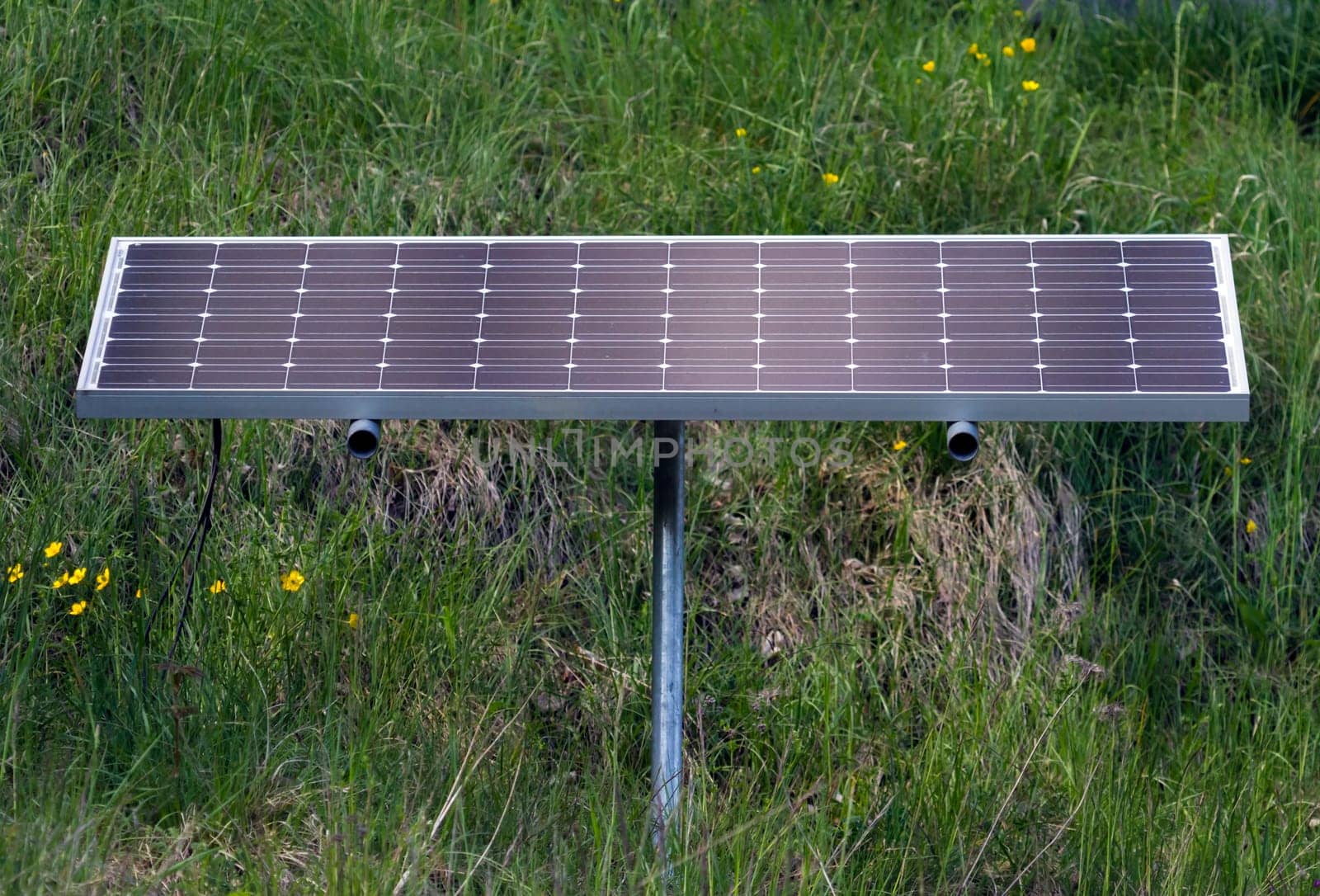 One solar panel standing on the green grass in nature