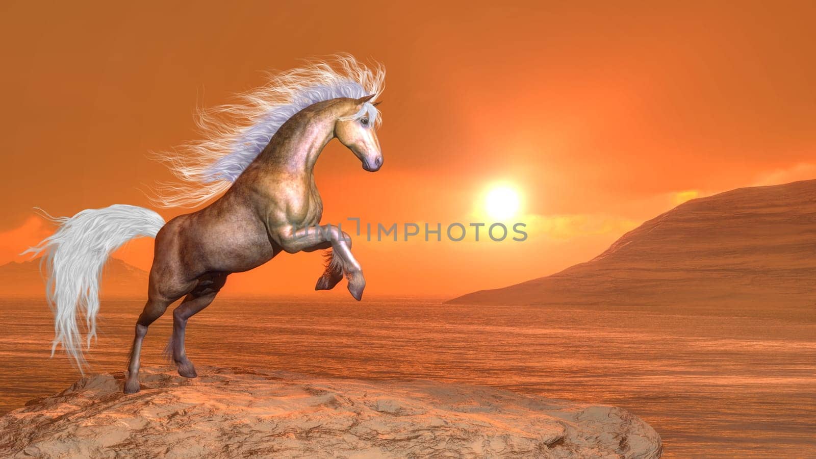 Clear brown horse rearing by orange sunset - 3D render
