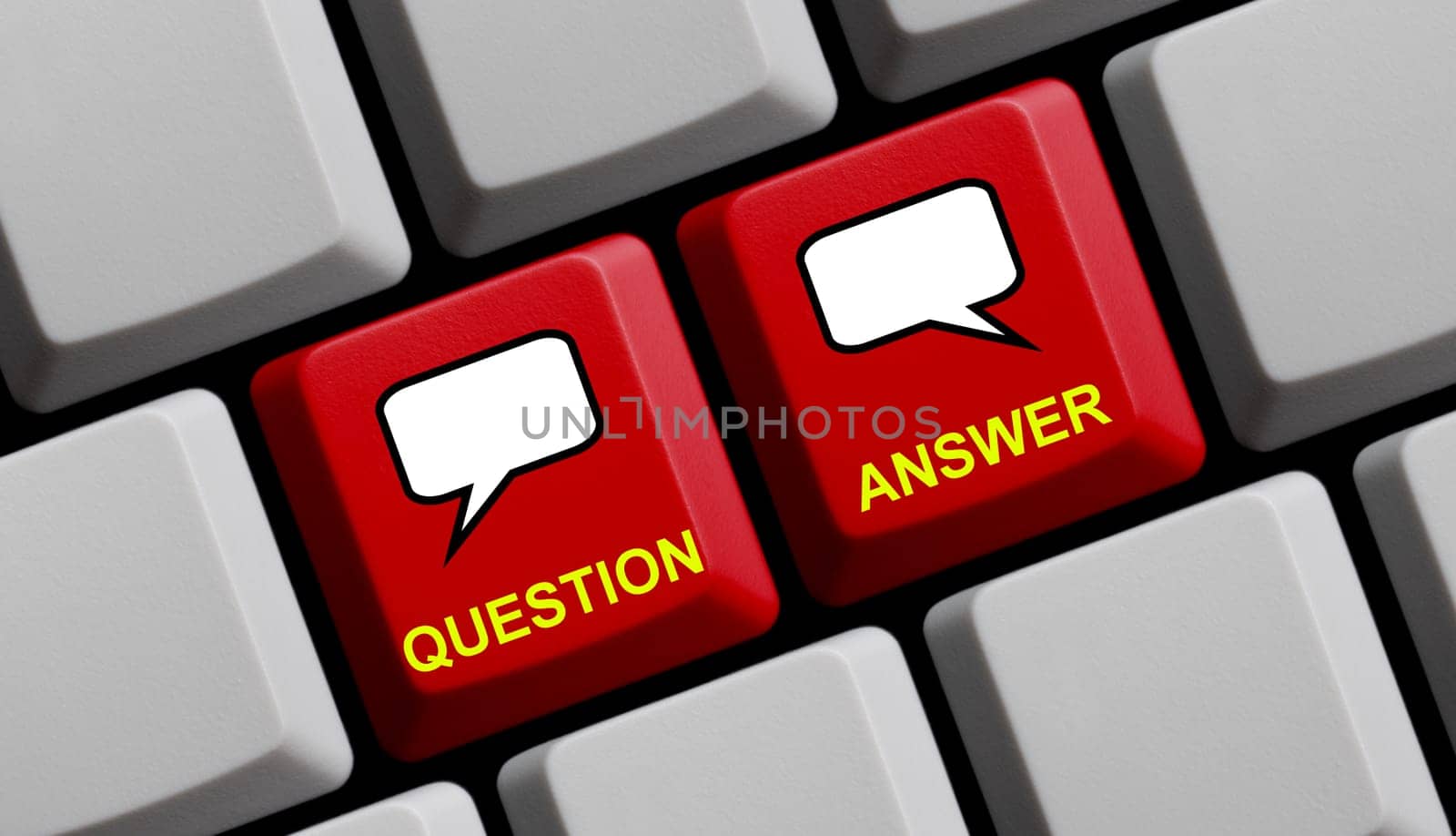 Computer keyboard with red keys shows Question Answer