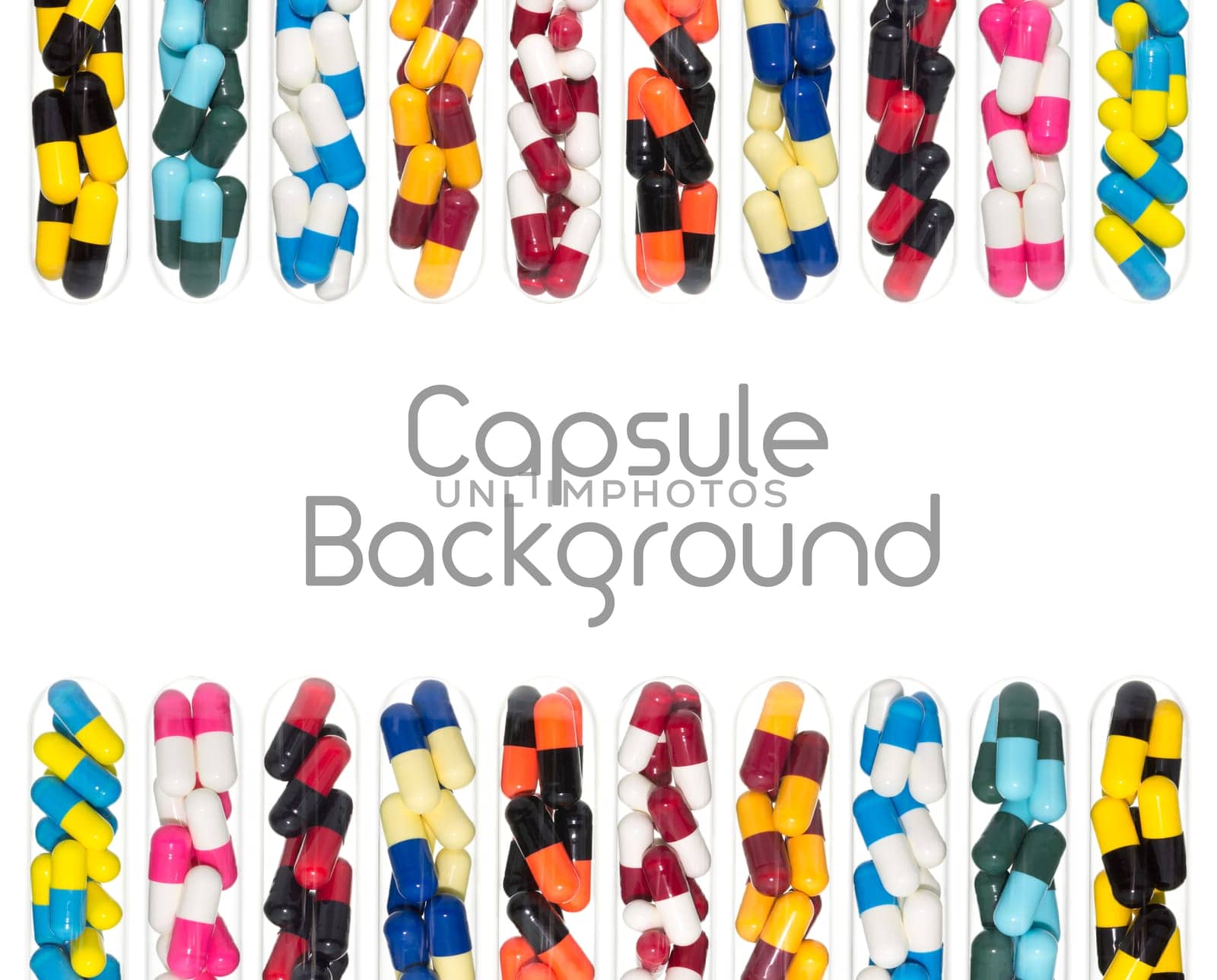 Drug or pill or capsule in test tube background on top and bottom. Background for hospital or clinic or health or medical design