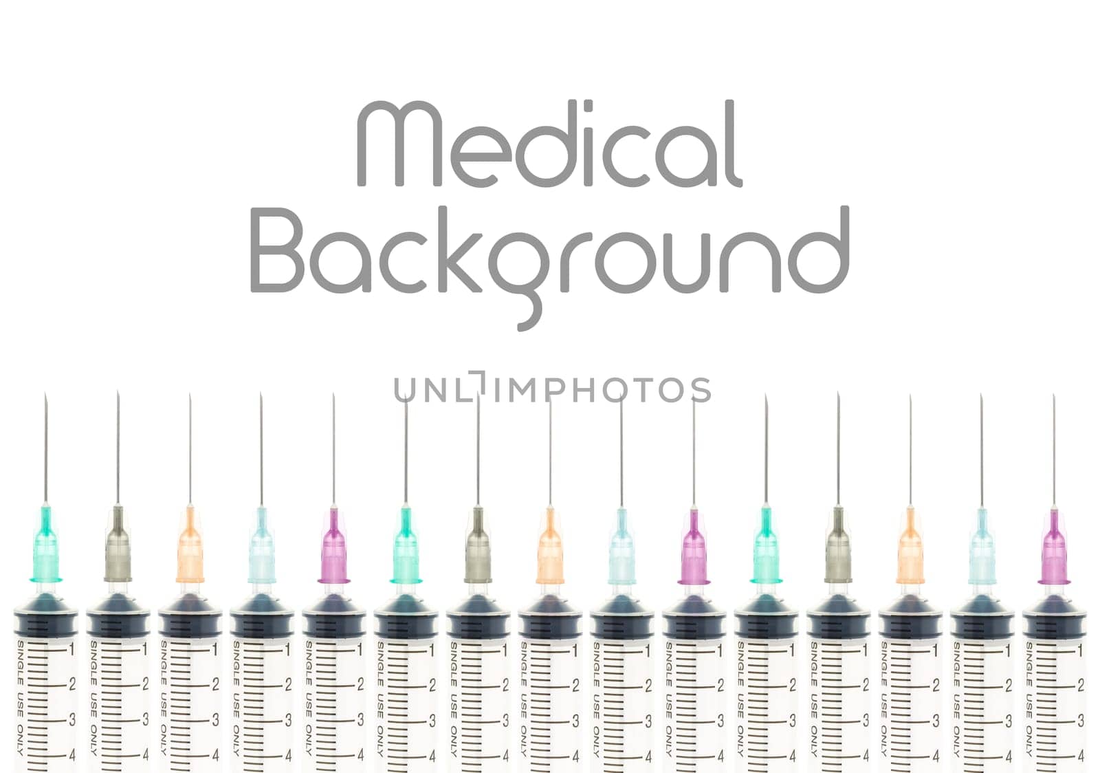 Five color needle or medical device isolated on white background at bottom horizontal view. Medical background for hospital or clinic or health design.