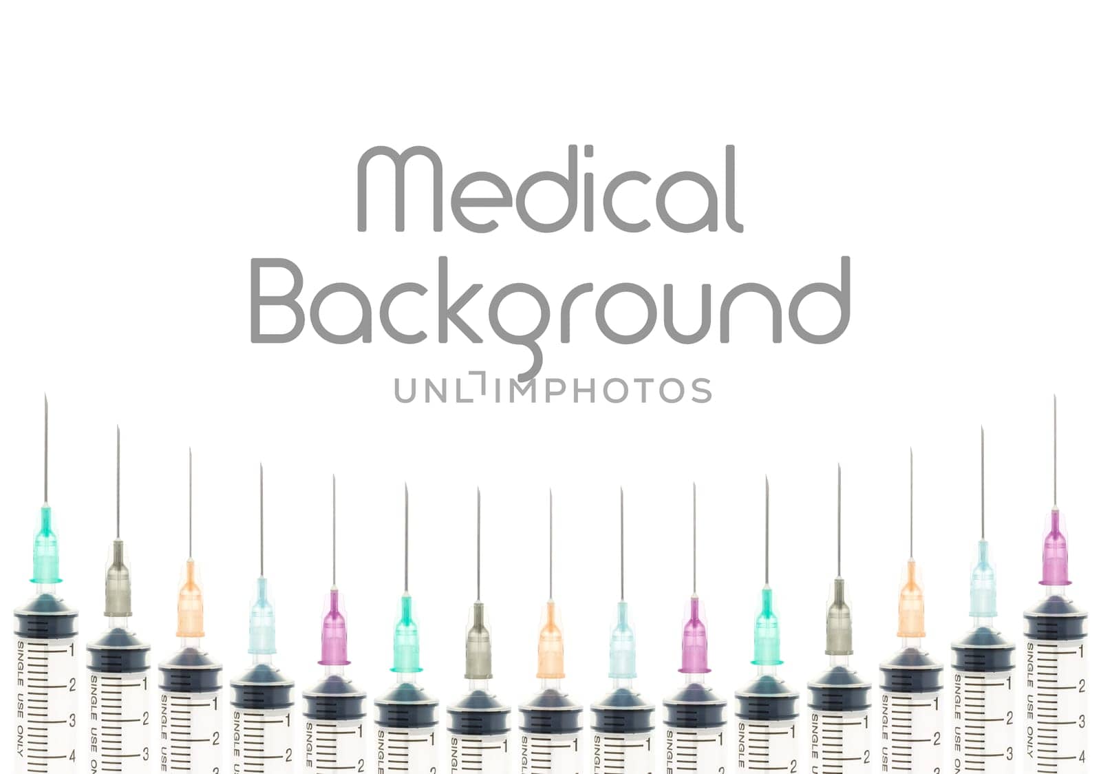 Five color needle or medical device isolated on white background on curve line at bottom. Medical background for hospital or clinic or health design.