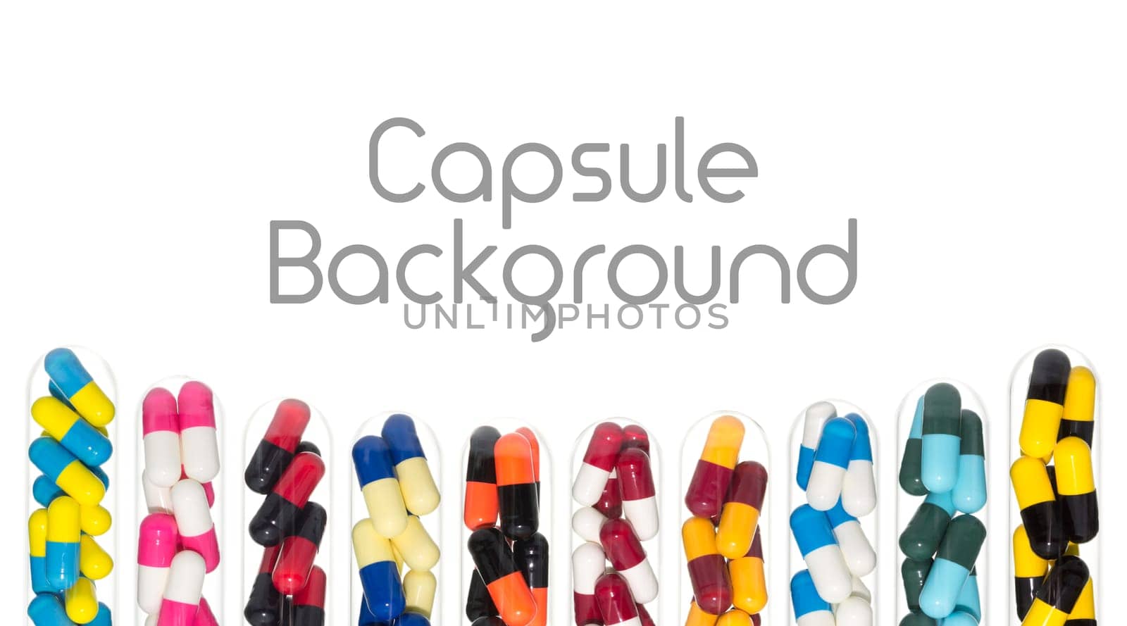 Drug or pill or capsule in test tube background on curve shape at bottom. Background for hospital or clinic or health or medical design