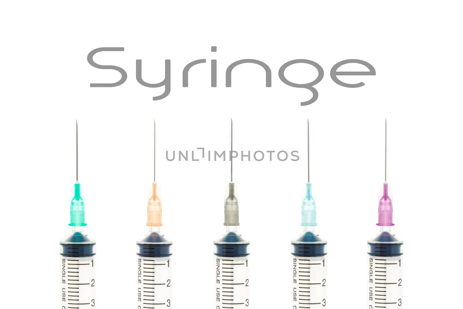 Five color needle or medical device isolated on white background. Medical background for hospital or clinic or health design.