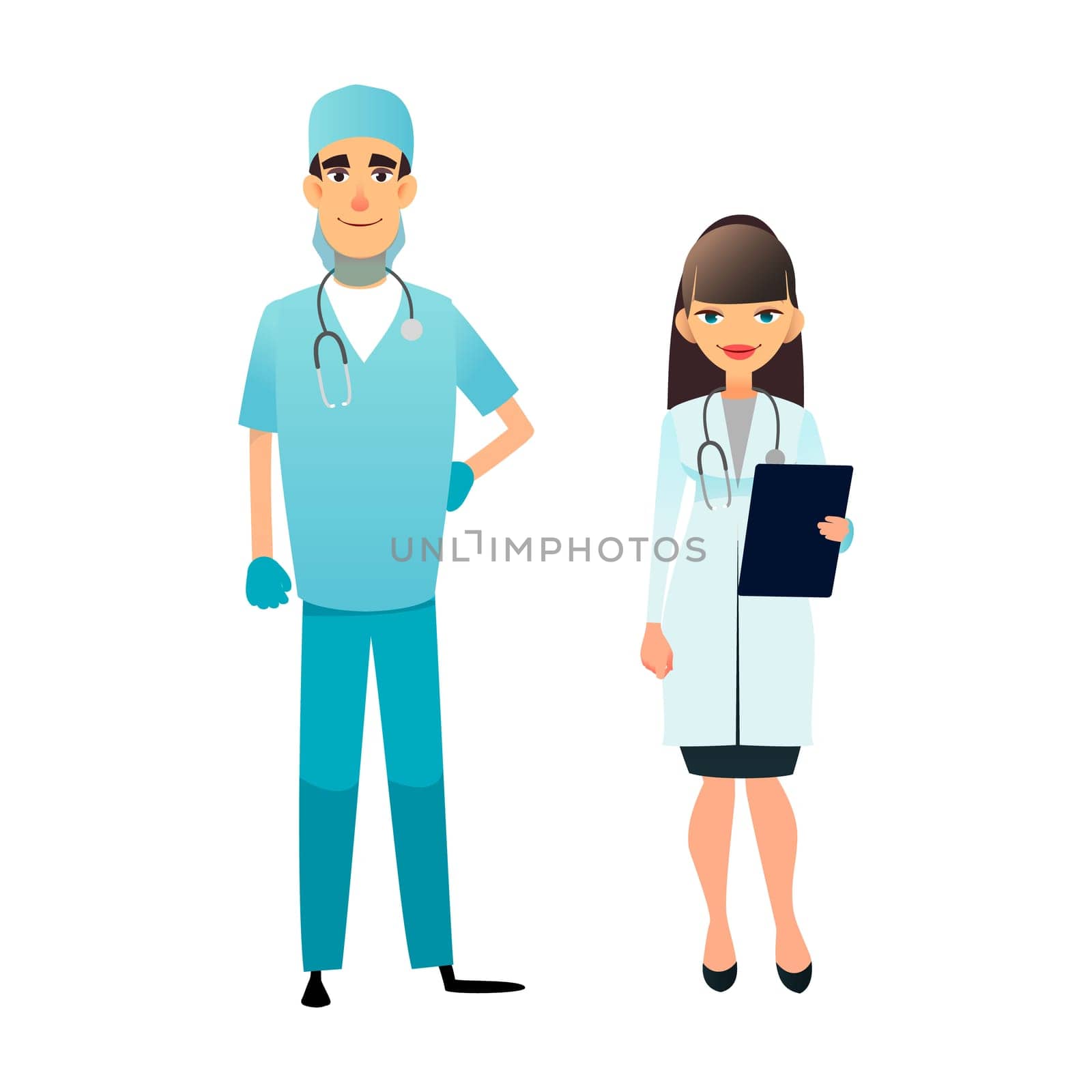 Doctor and nurse team. Cartoon medical staff. Medical team concept. Surgeon, nurse on hospital. Professional health workers. Flat characters isolated on white