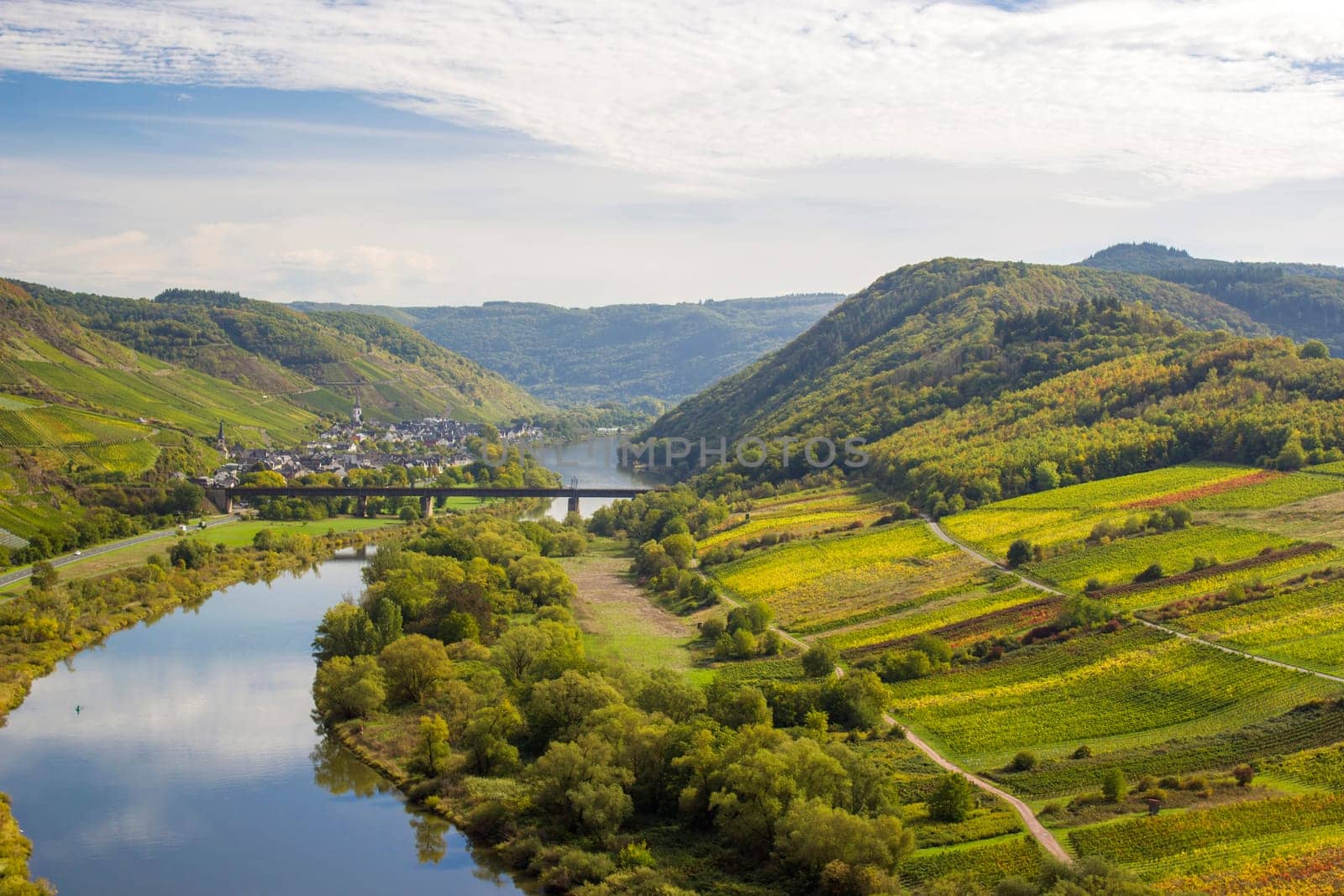 Moselle River in Germany, view of Calmont village and vineyards in the Mosel river valley, Germany
