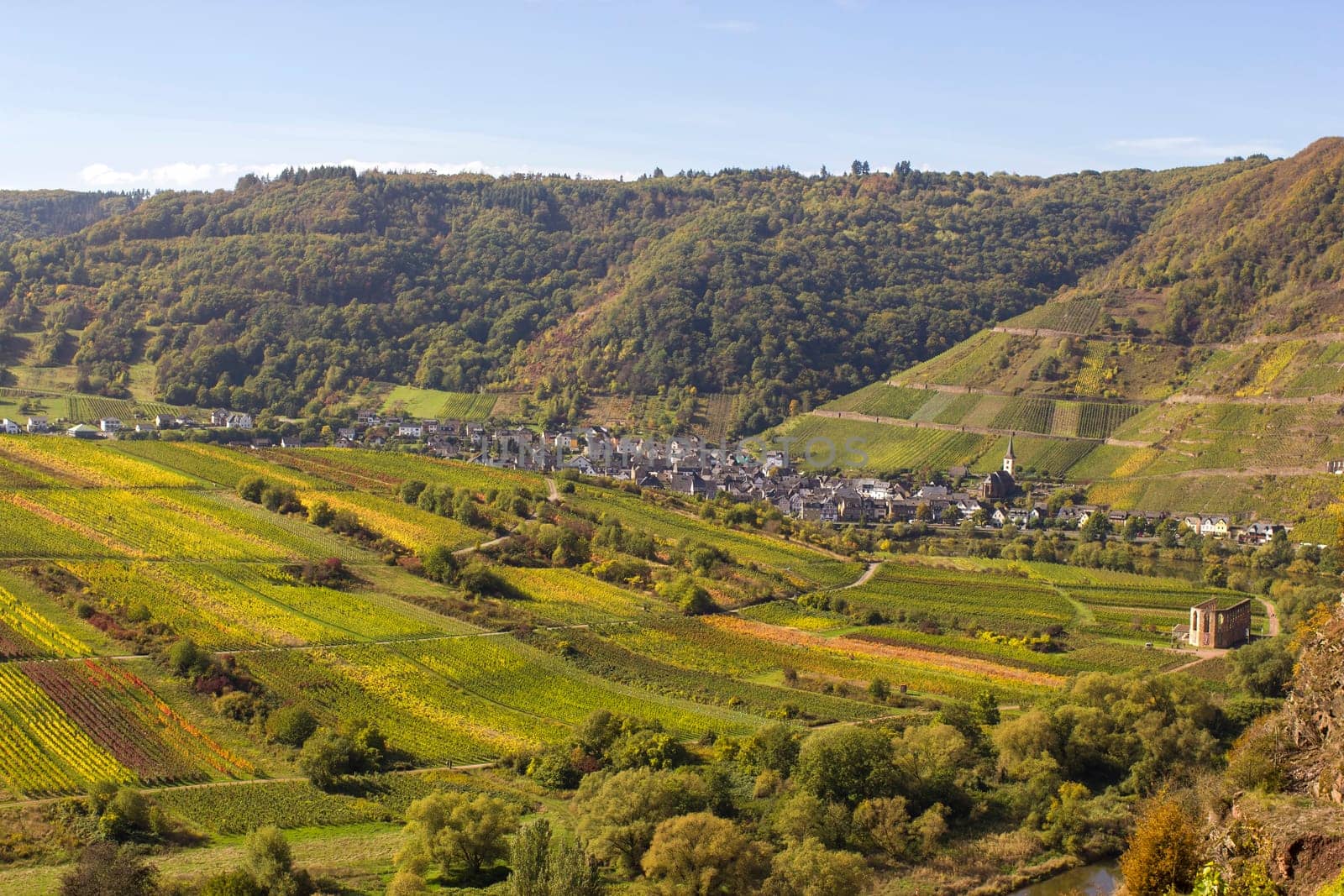 Moselle River in Germany, view of Bremm village in the Mosel river valley, Germany