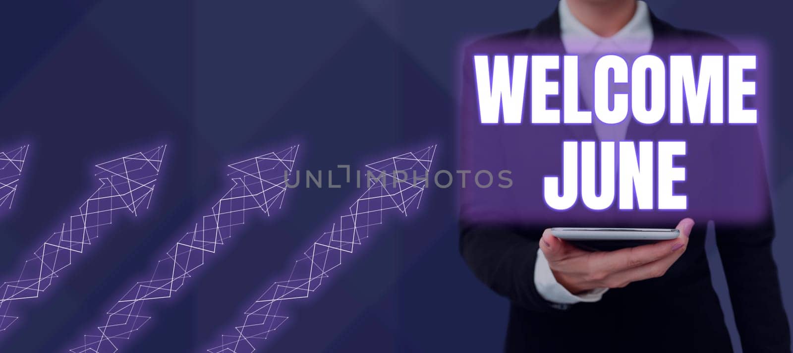 Text caption presenting Welcome June, Word Written on Calendar Sixth Month Second Quarter Thirty days Greetings