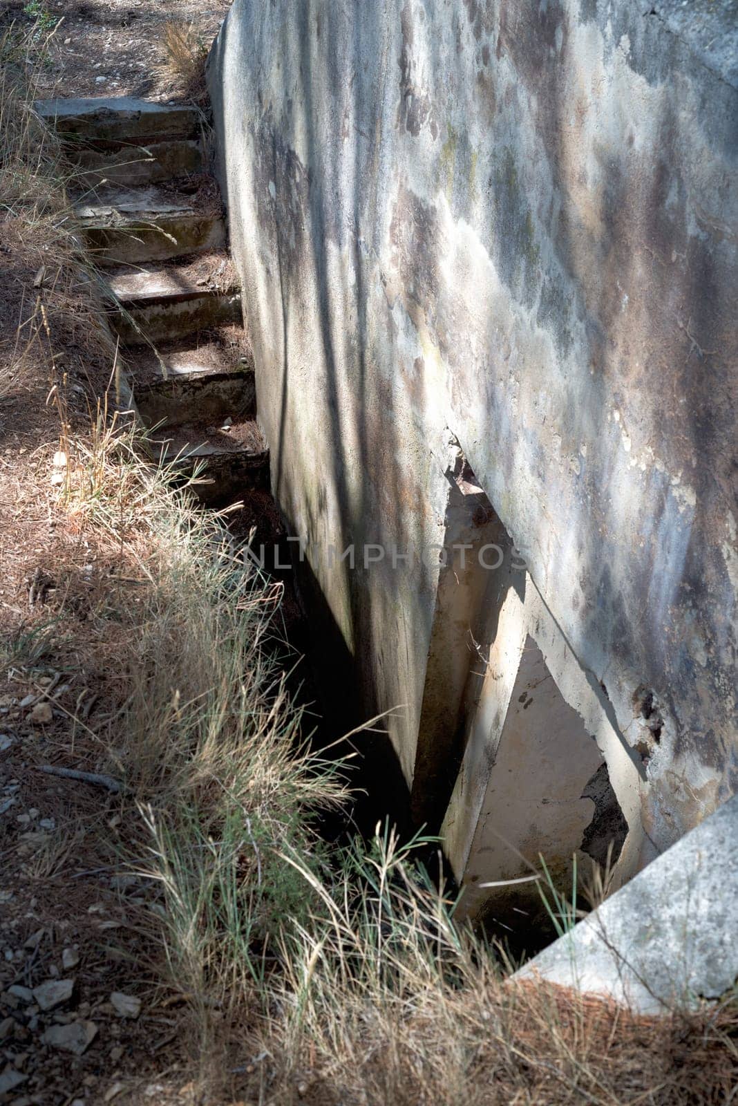 Ladder leading out of a bunker. Light falling through the entrance.